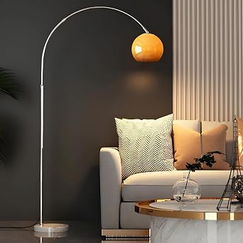 Bofea-Arc Floor Lamps for Living Room,Mushroom Lamp with Dome Glass Shade,Warm Mood Lighting,Dimmable Reading Lamp Over Chair,Chrome Pole Light with Foot Switch,Orange Floor Lamps for Bedroom Lighting