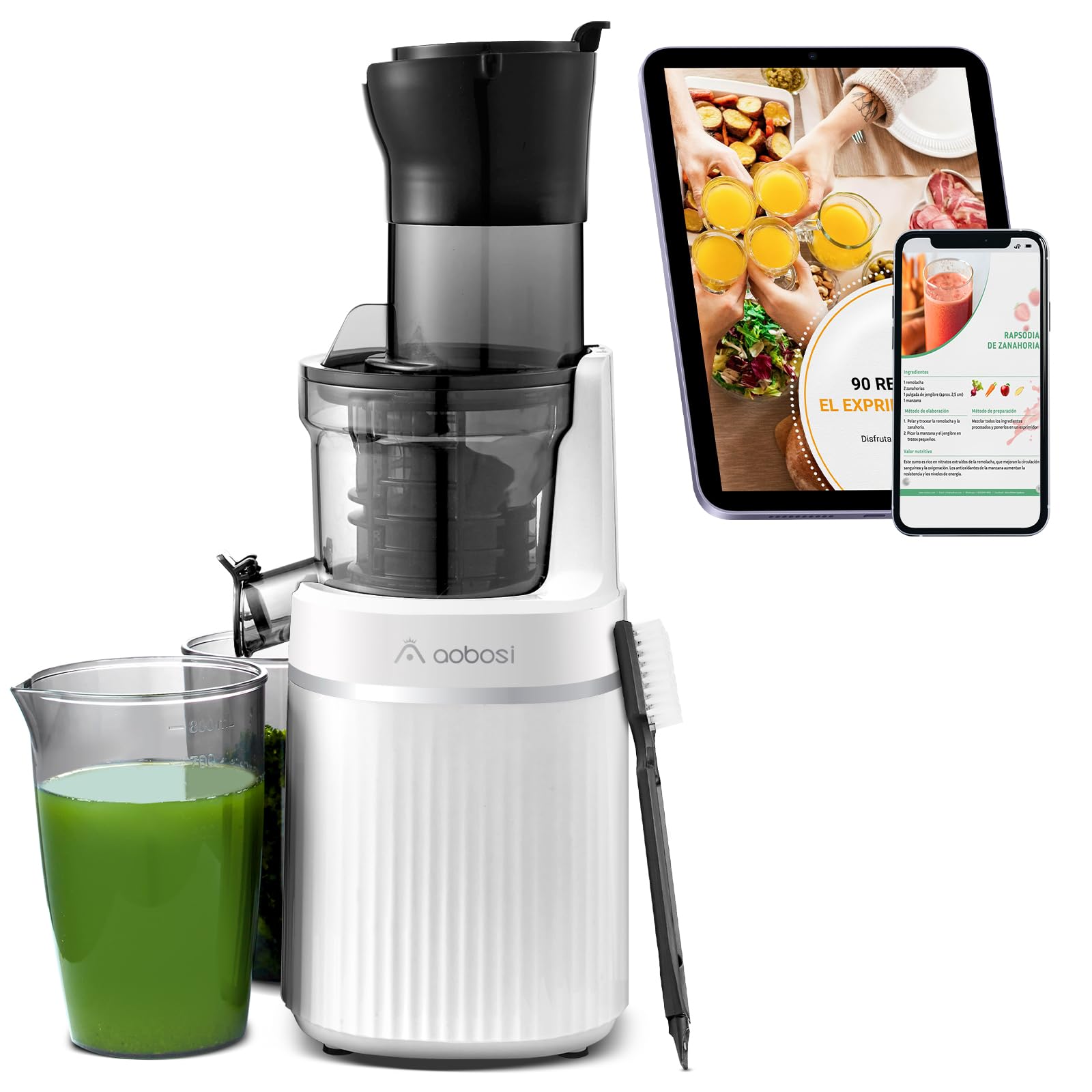 Aobosi Licuadora para verduras y frutas con Apertura da 80 MM, Licuadora prensado en frio con Función marcha atrás/Motor silencioso/Libre de BPA/Blanco