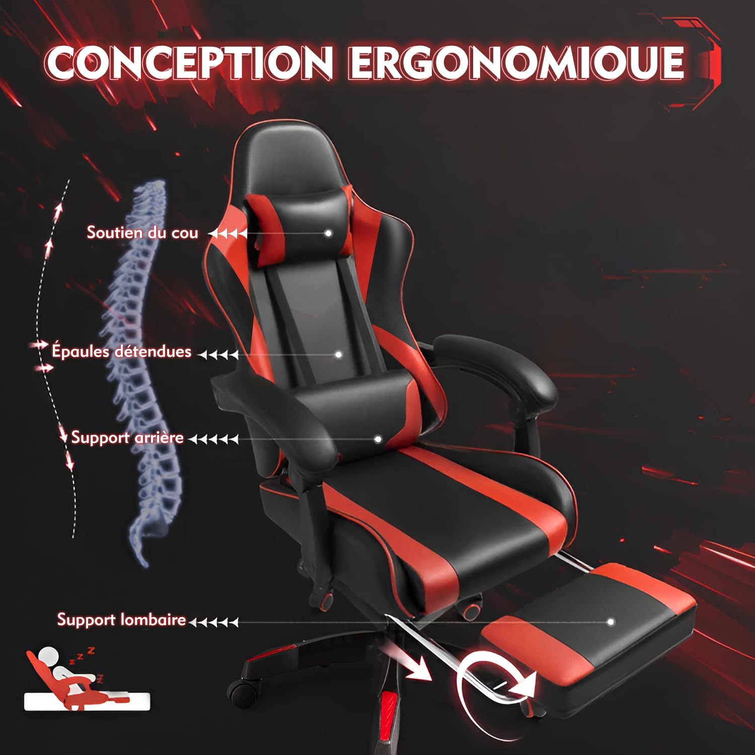 Frixovel Chaise Gaming, Siège de Bureau réglable, Fauteuil Gaming avec Repose-Pieds télescopique (Noir et Rouge)