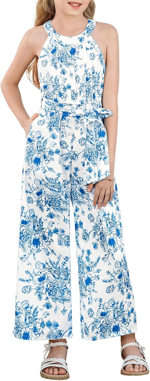 GRACE KARIN Girls Floral Jumpsuit Kids Halter Summer Belted Romper Wide Led Long Pants Size 7-14Y
