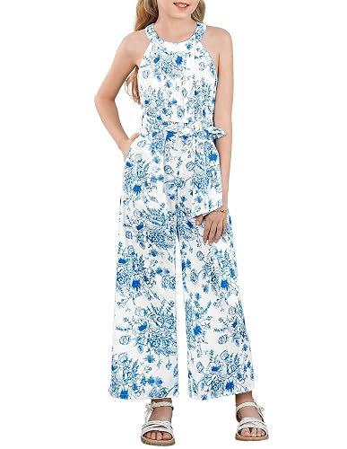 GRACE KARIN Girls Floral Jumpsuit Kids Halter Summer Belted Romper Wide Led Long Pants Blue 12Y