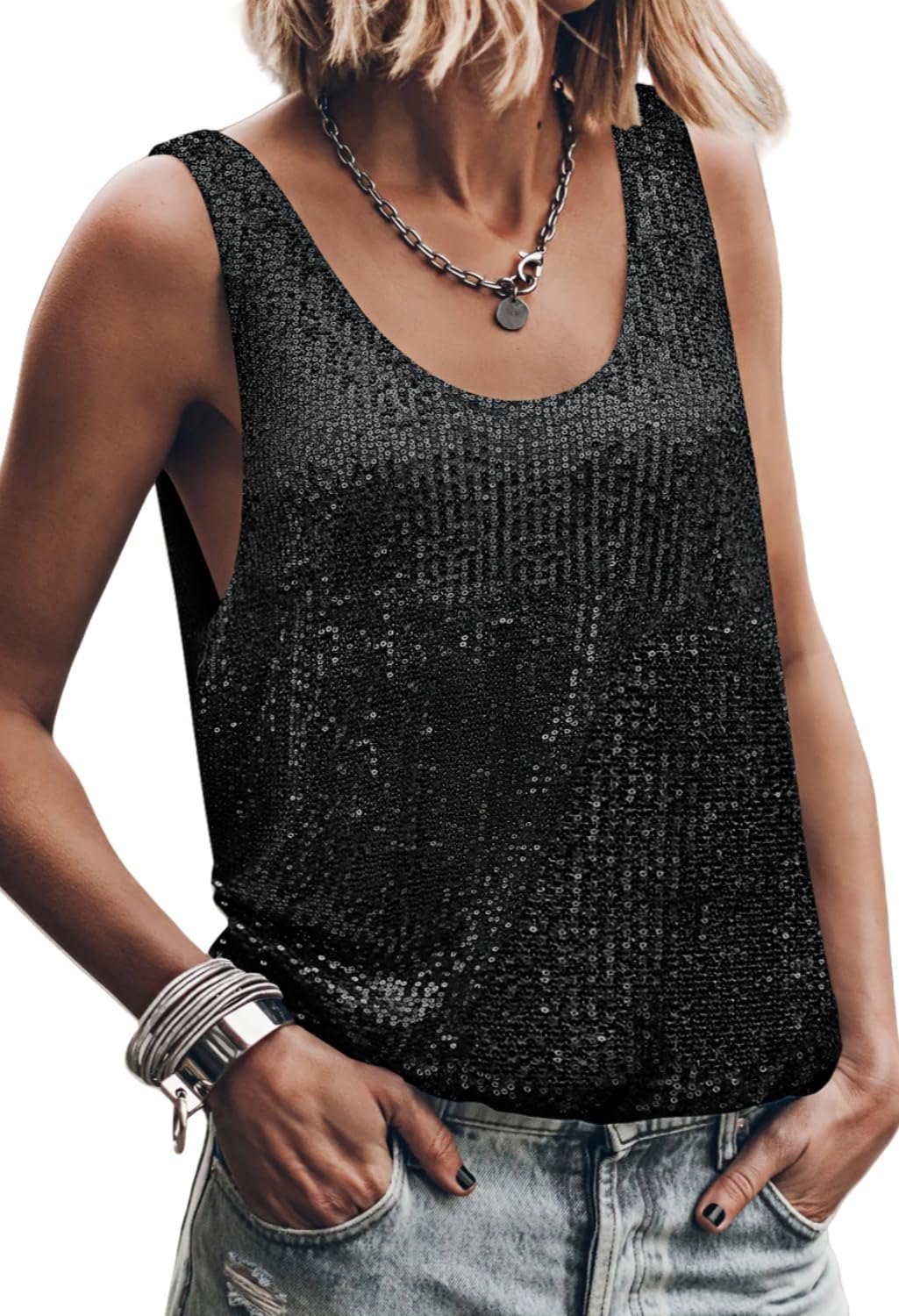 JKLESA Womens Summer Sleeveless Sequin Tops Scoop Fashion Neck Sparkly Shimmer Tanks Tops Blouses