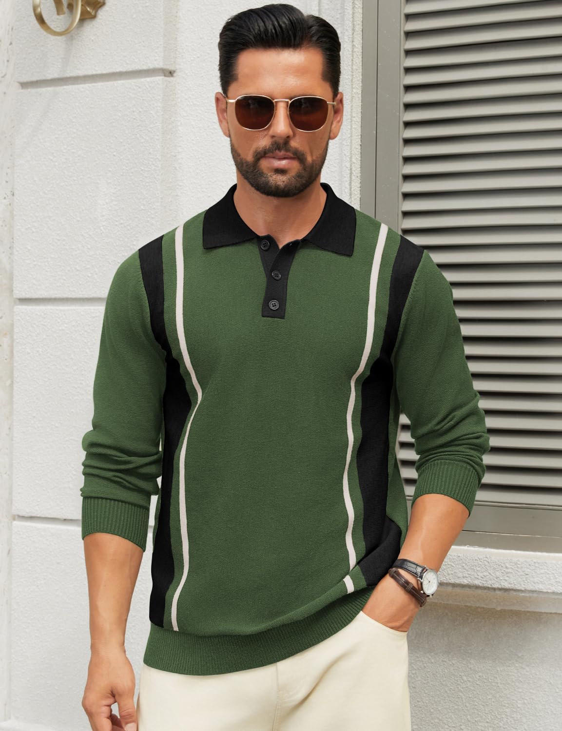 Hardaddy Men's Vintage Striped Polo Sweater Color Block Lightweight Long Sleeve Collared Knit Shirts - Image 4