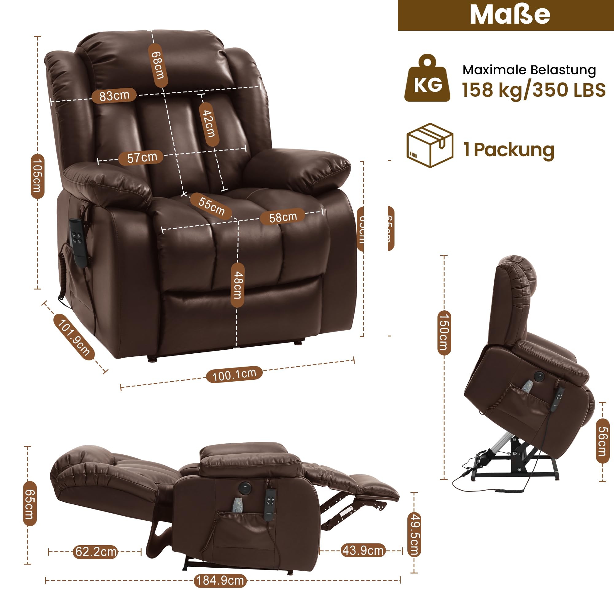DUANDUAN Fauteuil releveur inclinable à Position allongée Infinie pour Adultes, Fauteuil électrique à Double Moteur pour Personnes âgées avec Massage et Chauffage (Brown)