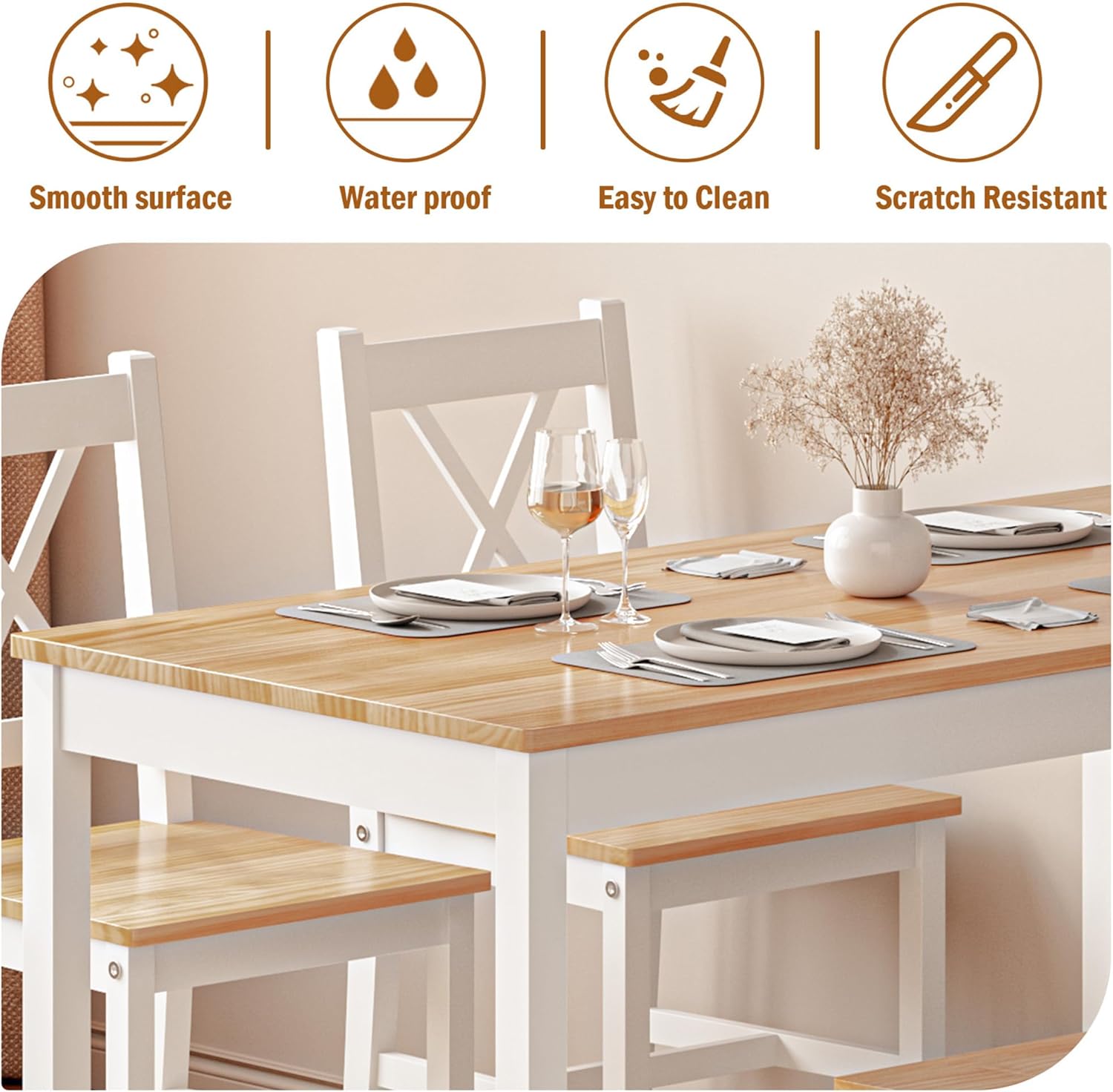 SogesHome 47.2'' Dining Table Set with 4 Chairs, 5-Pieces Home Lunch Chair Set, Versatile for Dining and Home Office Use, Oak