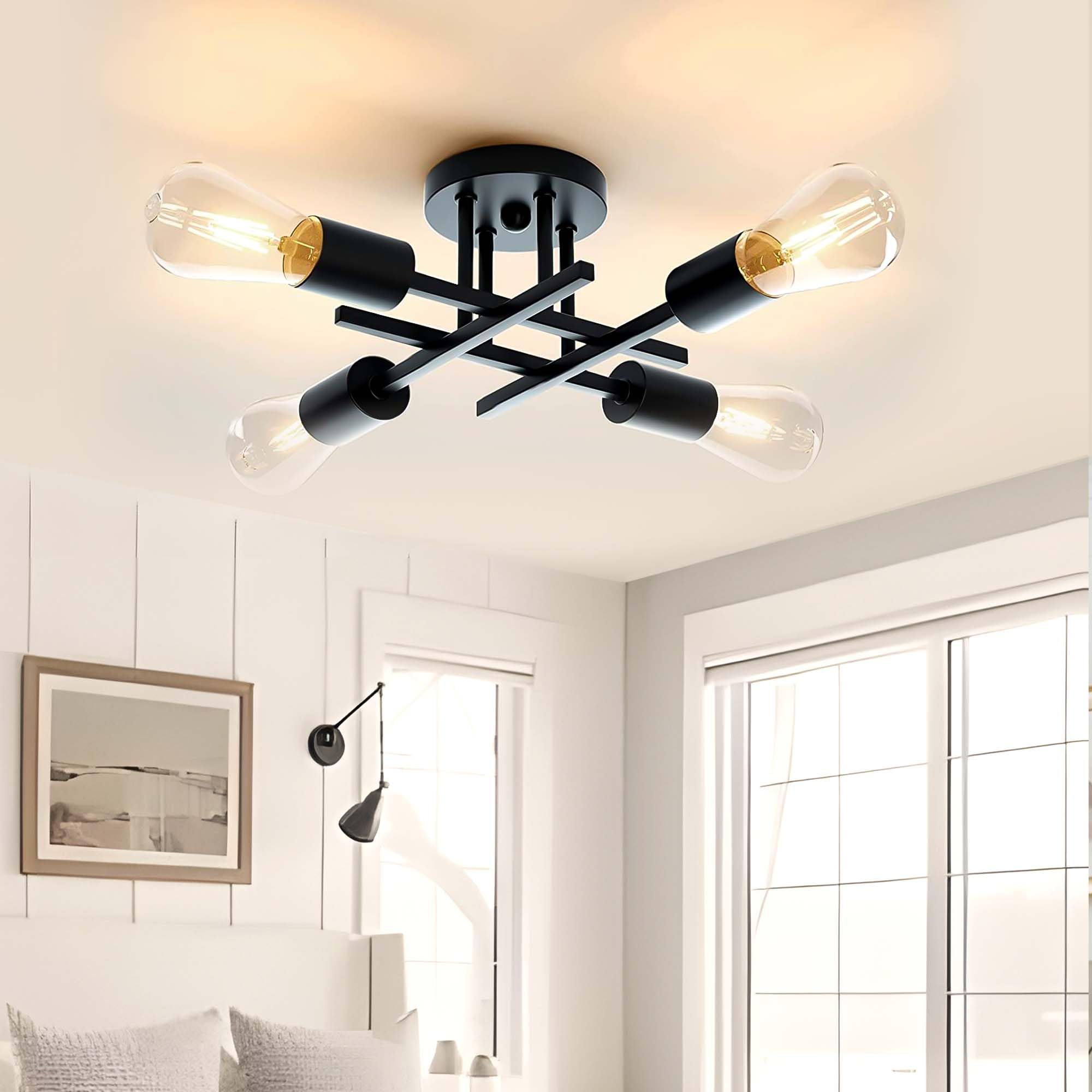 OTREN Lampada da Soffitto Vintage, 4 Fiamme Plafoniera Retrò E27 Lampadario Industriali per Soggiorno Camera da Letto Cucina Sala da Pranzo, Nero(Senza Lampadina)