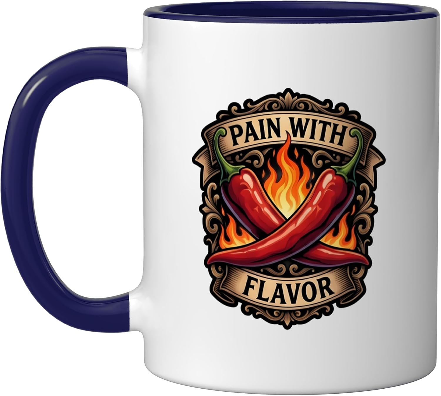 Pain With Flavor Hot Sauce Chili Pepper Ceramic Mug, Dark Green/White, 15oz image 5