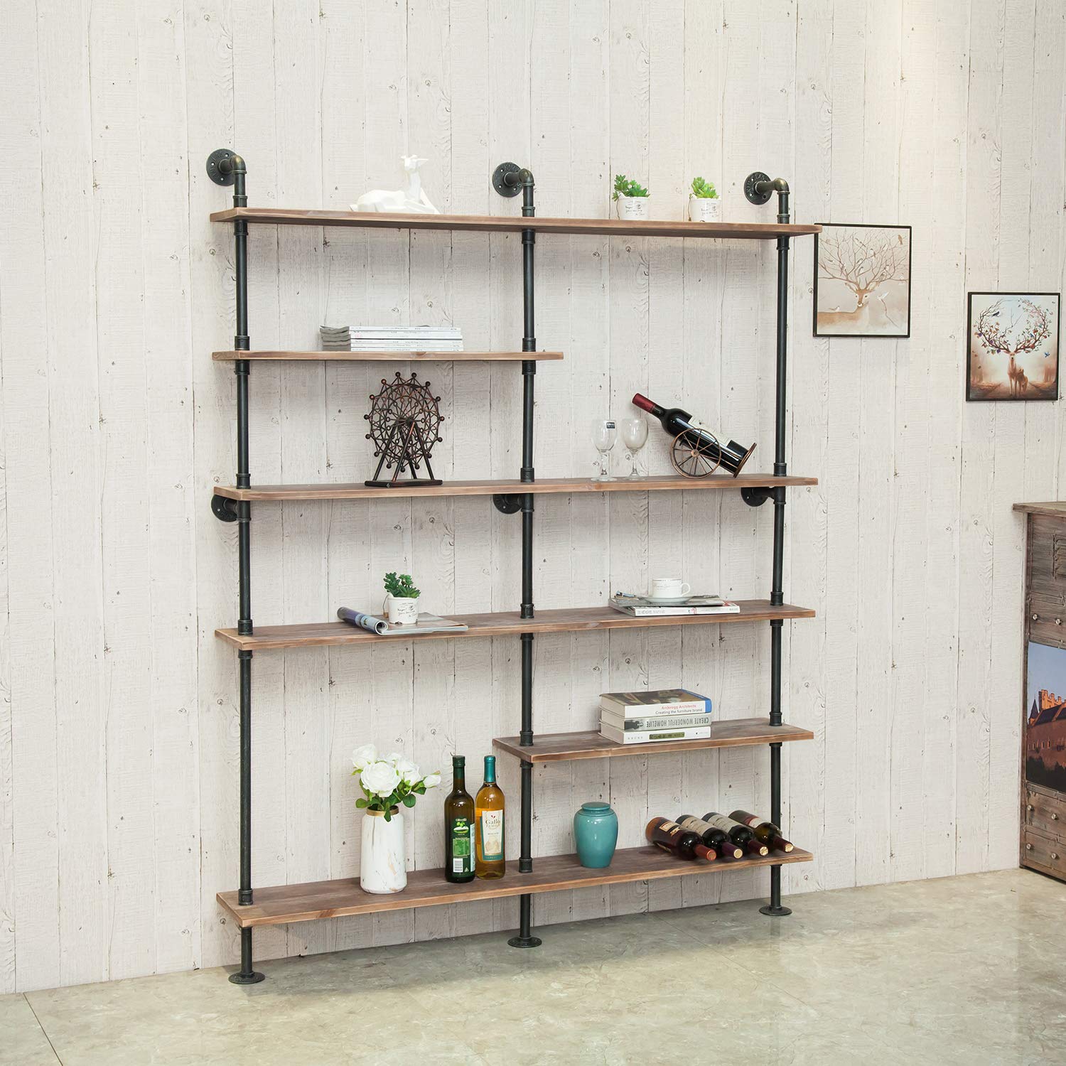 Industrial 6-Tiers Modern Ladder Shelf Bookcase,Solid Wood Storage Shelf,Display Shelving, Wall Mounted Wood Shelves, Pipe Wood Shelves Bookshelf (Gray)