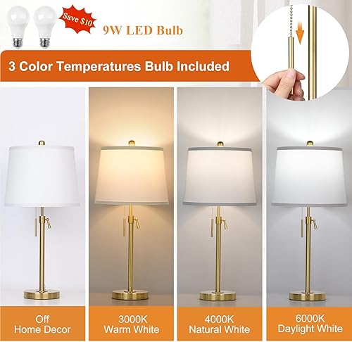 Miniatura 3 de 2 Pack 22"-30" Adjustable Height Table Lamps Set, Modern Gold Table Lamps with White Shade 3 Colour Temperature Pull Chain Tall Lamps for Living