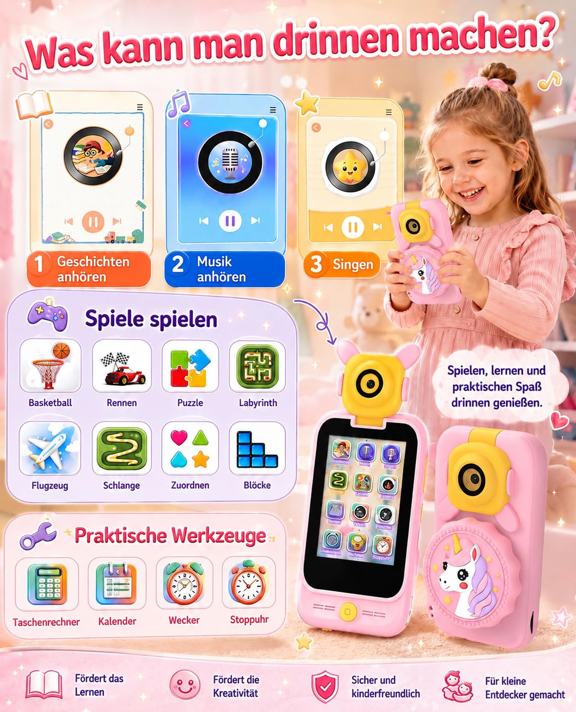 Telephone Enfant avec Microscope 100X et 32G Carte pour Filles 3-8 Ans | 100X Microscope Camera, 32G 600mAh MP3 Histoires, Ecran Tactile 2.8 Jeux ABC, Licorne Fille 3-8 Ans, Cadeau Anniversaire