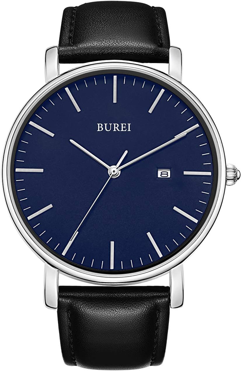 BUREI Men's Fashion Minimalist Wrist Watch Analog Date with Leather Strap