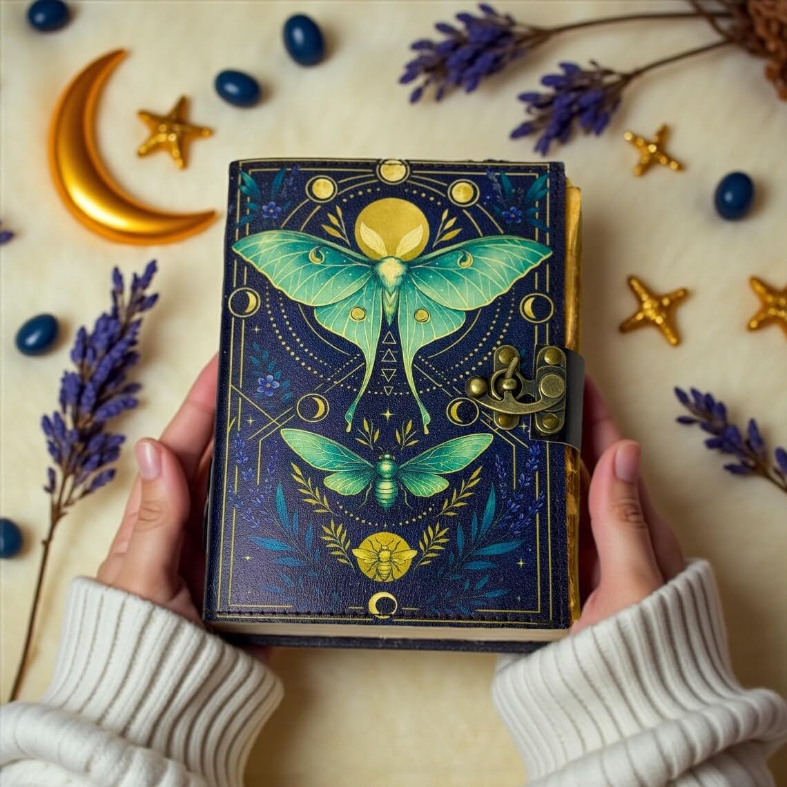 Blank Spell Book of Shadows Journal with Lock Clasp Vintage Handmade Leather Luna Moths and Morpho Butterfly Print Diary Prayer Pagan Witchcraft Supplies Wiccan Decor Notebook Daily (7X5) inch