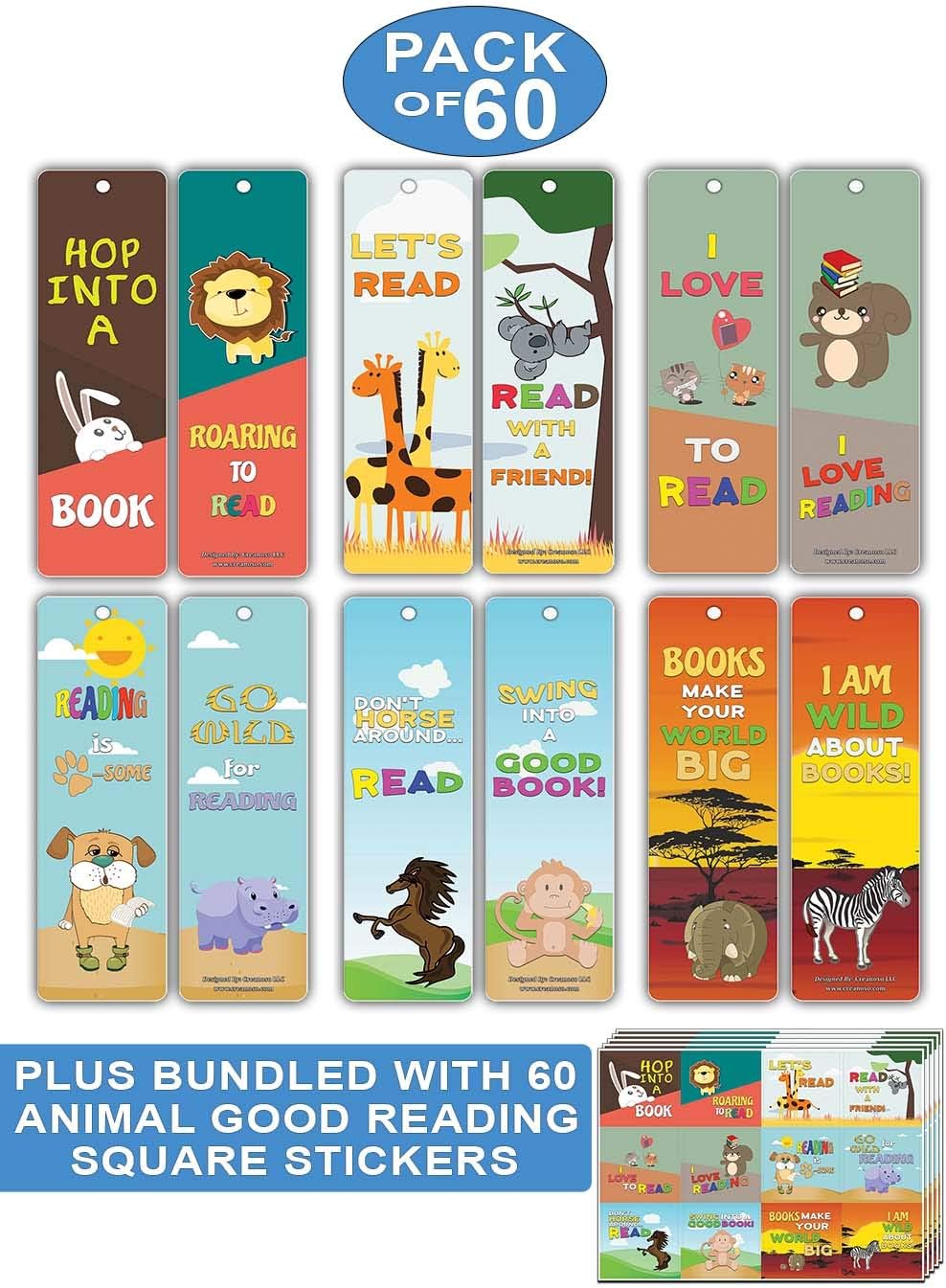 Creanoso Inspiring Reading Habit Animals Bookmarks for Kids (60-Pack) – Assorted Bookmark Cards + 60 Stickers Bulk Set – Back to School Teacher Rewards for Young Readers