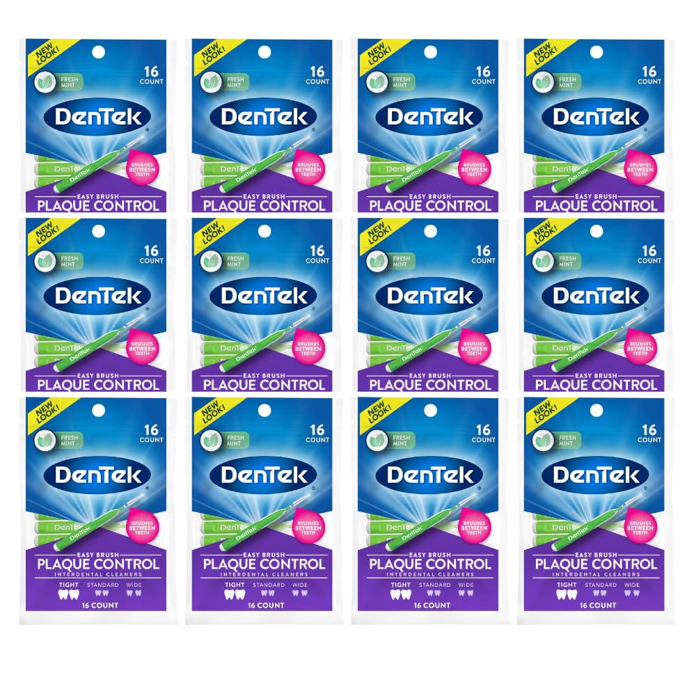 DenTek Easy Brush Interdental Cleaners, Tight Between Teeth Brushes, Plaque Control, Dental Picks for Oral Care, Fresh Mint, 16 Count (Pack of 12)