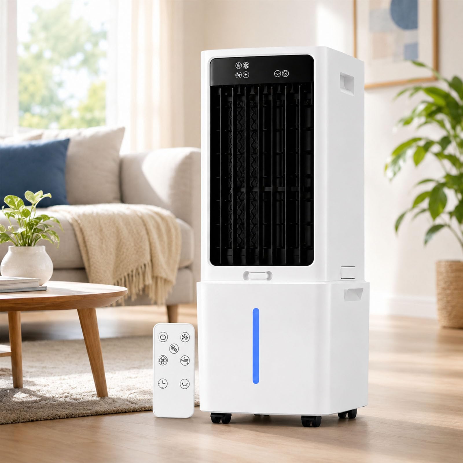12L Evaporative Cooling Fan with Remote Control, 3 Speeds, 3 Natural Modes, 12H Auto-Off Timer, Oscillating Air Cooler with Detachable Water Tank for Bedroom and Living Room
