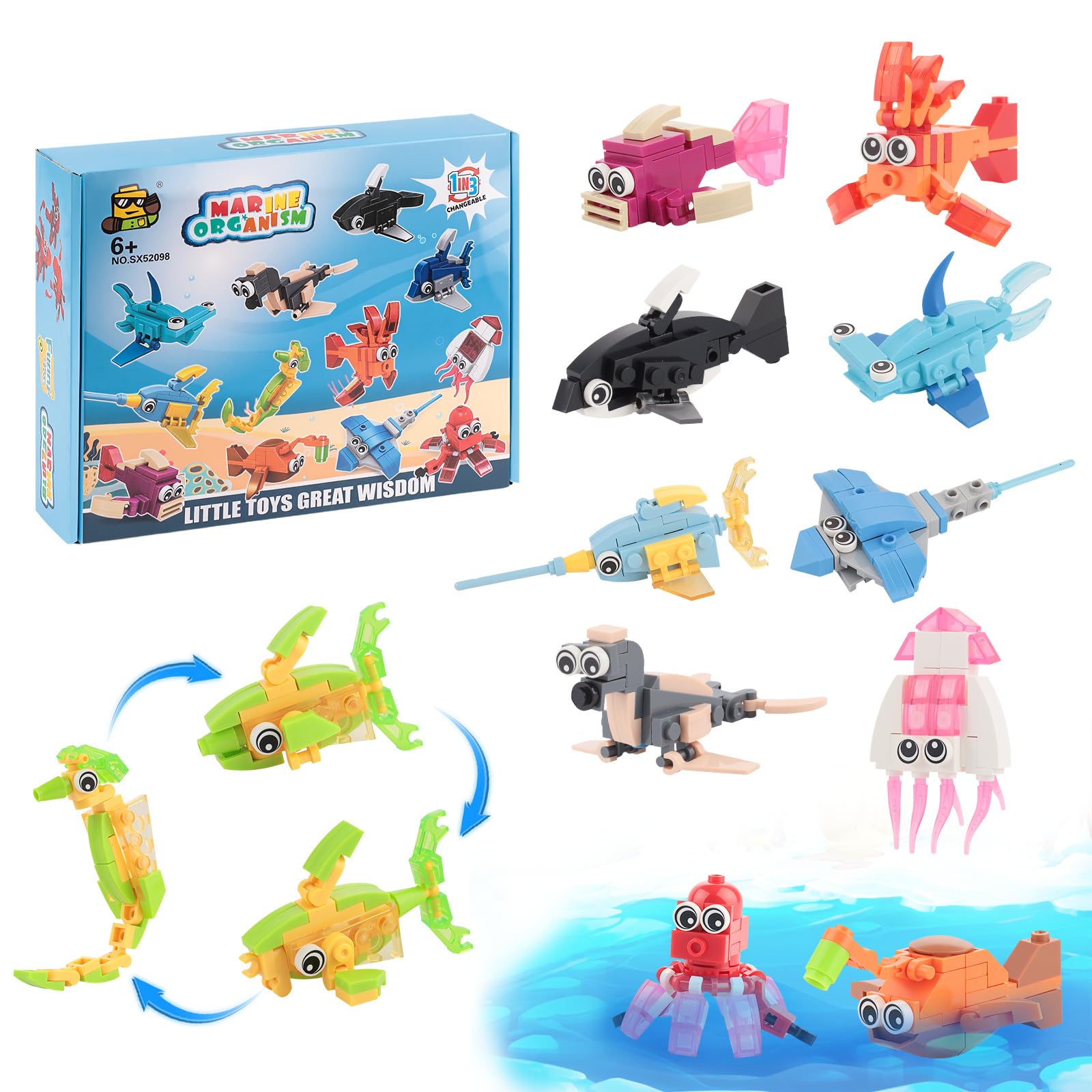 12pcs Ocean Building Blocks - Ocean Block Toy Set, Creative Educational Sea Buildings Block, Mini Animals Fun Interactive Toys, Animal Building Blocks, DIY Construction Kit for Kids
