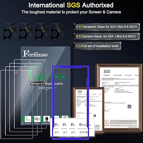 Miniatura 10 de Ferilinso Paquete de 4 protectores de pantalla para Samsung Galaxy S24 con 4 protectores de lente de cámara de vidrio templado, accesorios
