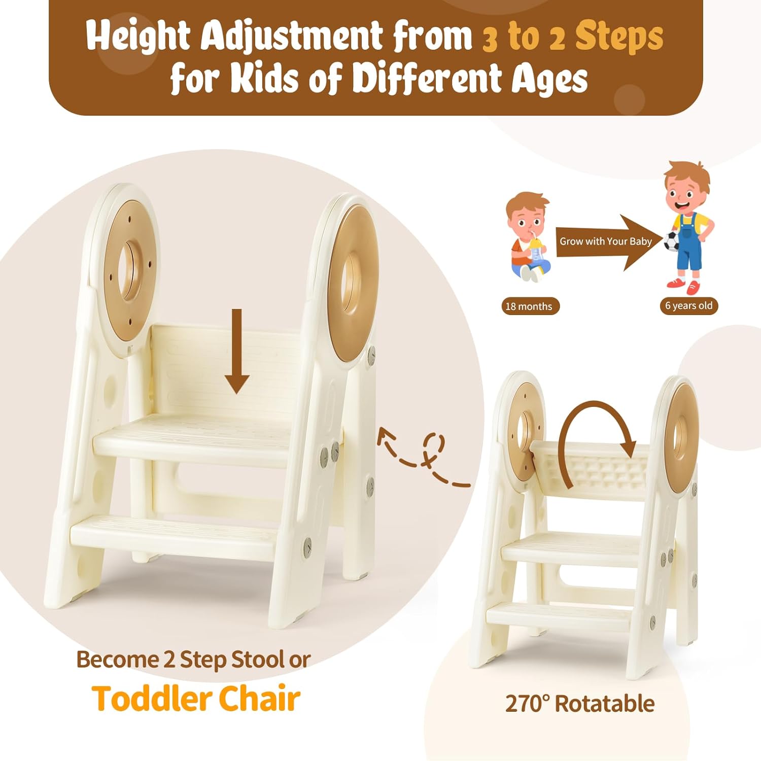 Foldable 2-3 Step Toddler Stool for Bathroom Sink, Non-Slip Kids Helper, Potty Training Toilet Step, Adjustable Child Standing Stool, Ages 18 Months to 3 Years (Cream)