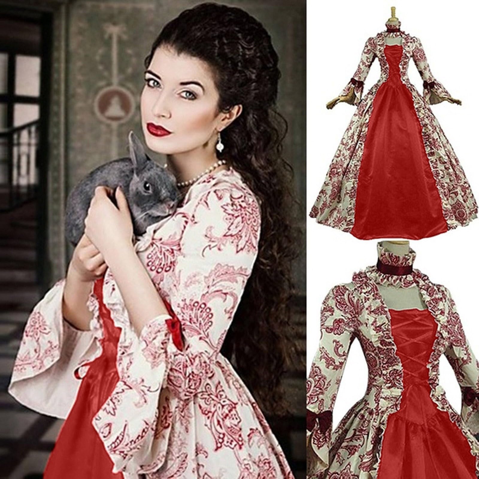 Damen Mittelalter Kleid Vintage Hofkleid Langarm Mit Schnürung Print