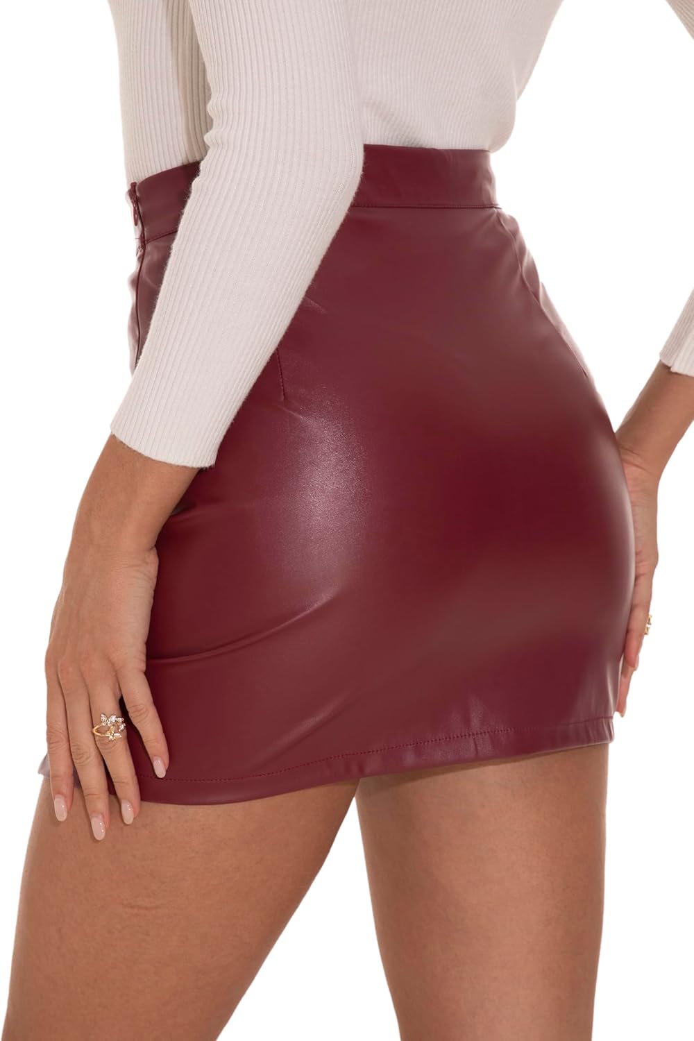 GUANYY Womens Leather Skirt High Waisted Stretchy Slit Faux Pleather Bodycon Party Mini Skirts - Image 3
