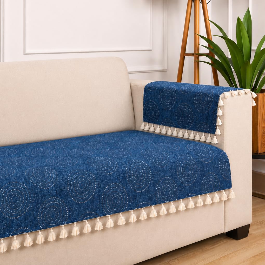 STITCHNEST Woven Fabric Sofa Cover 1 Seater with 2 Hand Rest Covers – Washable Blue Sofa Cover with Tassels – Durable Premium Fabric – Stylish Sofa Protector for Living Room & Furniture Decor