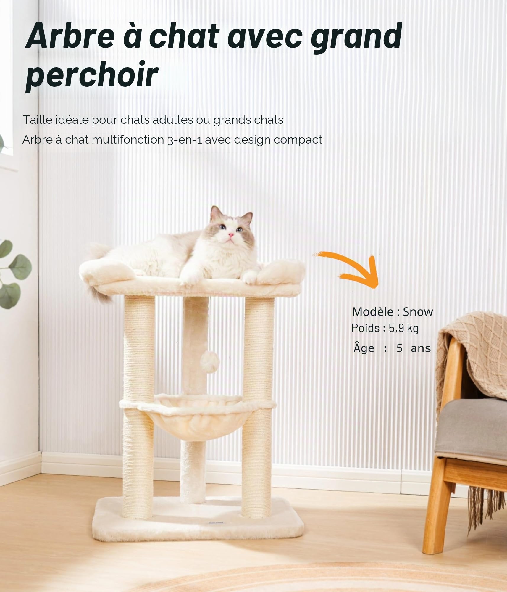 Happi N Pets Arbre à Chat Tour de 71 cm, Grand griffoir avec Grand lit pour Grands félins, griffoir en sisal avec perchoir Moelleux et hamac, Support Stable pour Chat, Housse Amovible, Beige