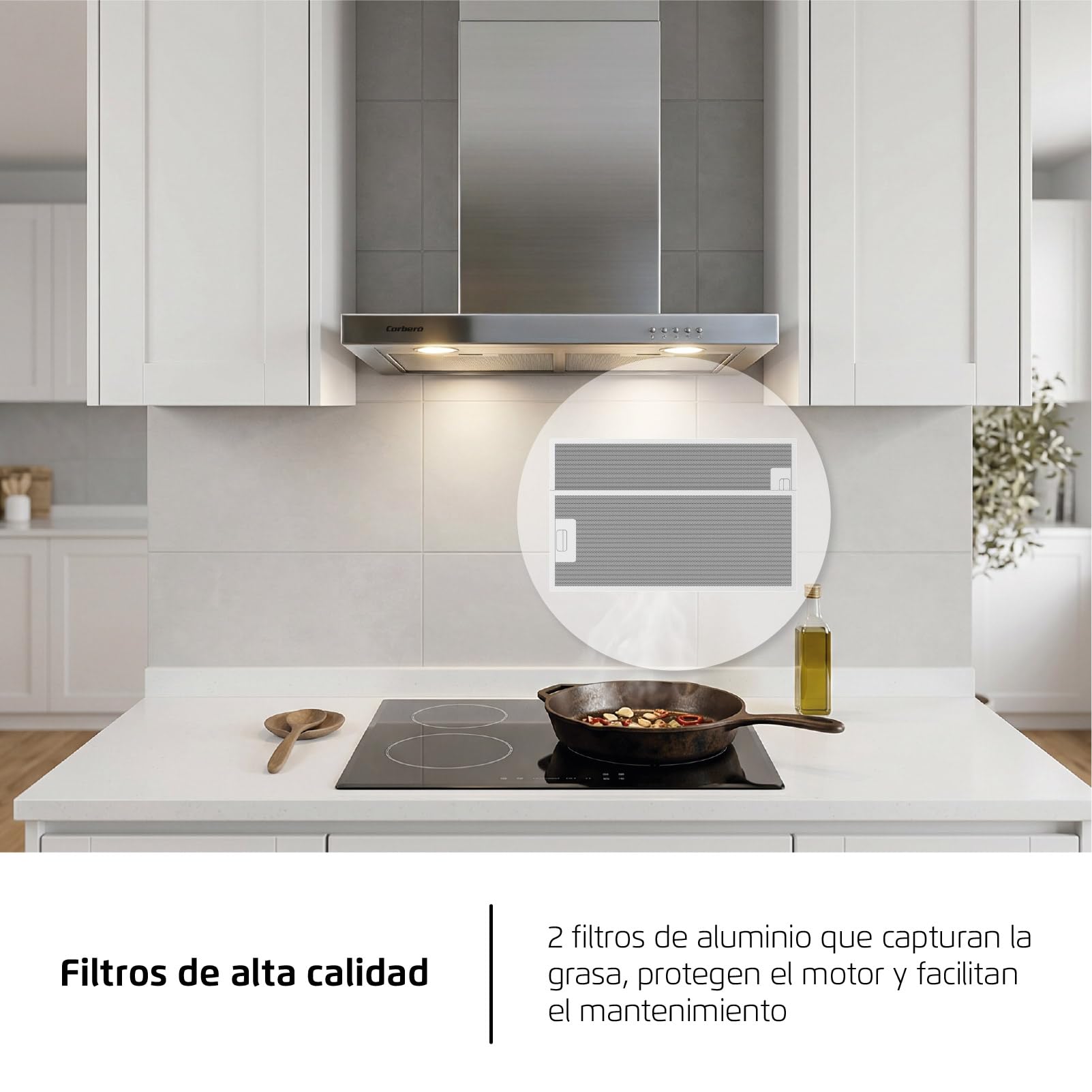 Corberó - Hotte décorative horizontale 70 cm | VOSTOK760X | Inox | Débit 647,7 m3/h | 165 W | 3 vitesses | 2 filtres en aluminium | Filtre charbon | Efficacité énergétique A, Inox
