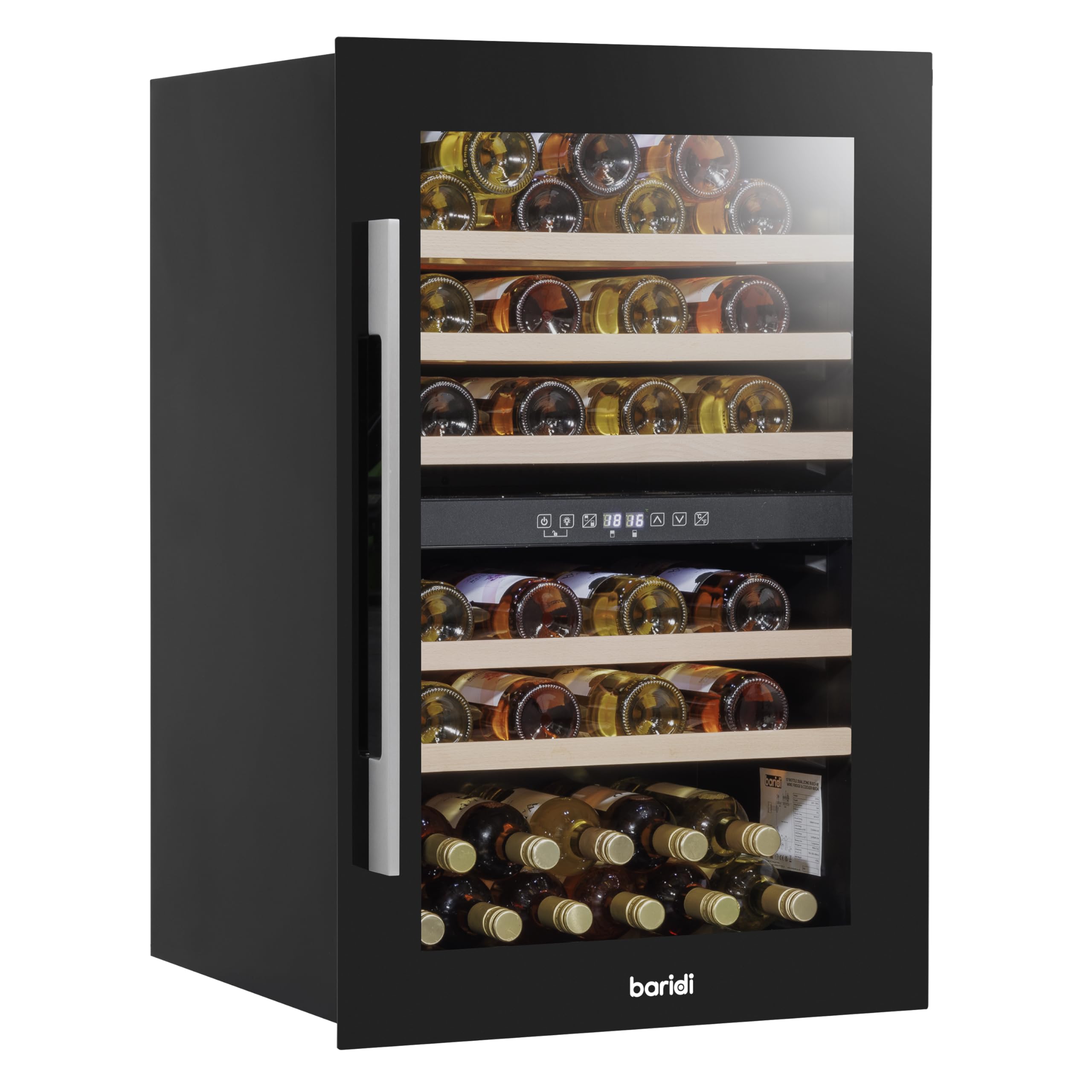 Dellonda Baridi 60cm Built-In 28 Bottle Wine Cooler with Beech Wood Shelves and Internal LED Light, Black - DH205 — view 11