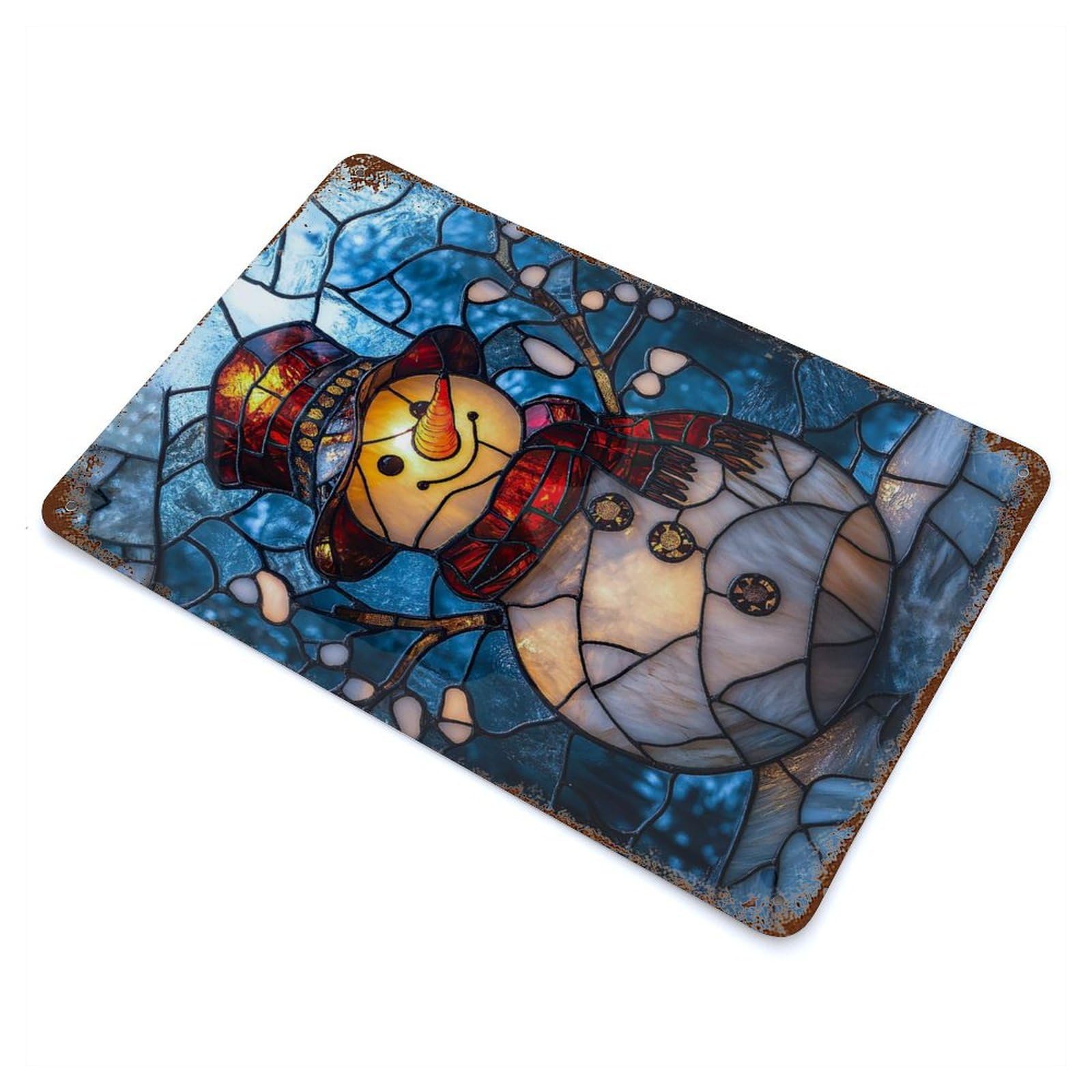 Stained Glass Snowman Vintage Wall Sign 11.8"x7.9", Rust Effect Metal Decor for Farmhouse, Kitchen And Entryway Decor