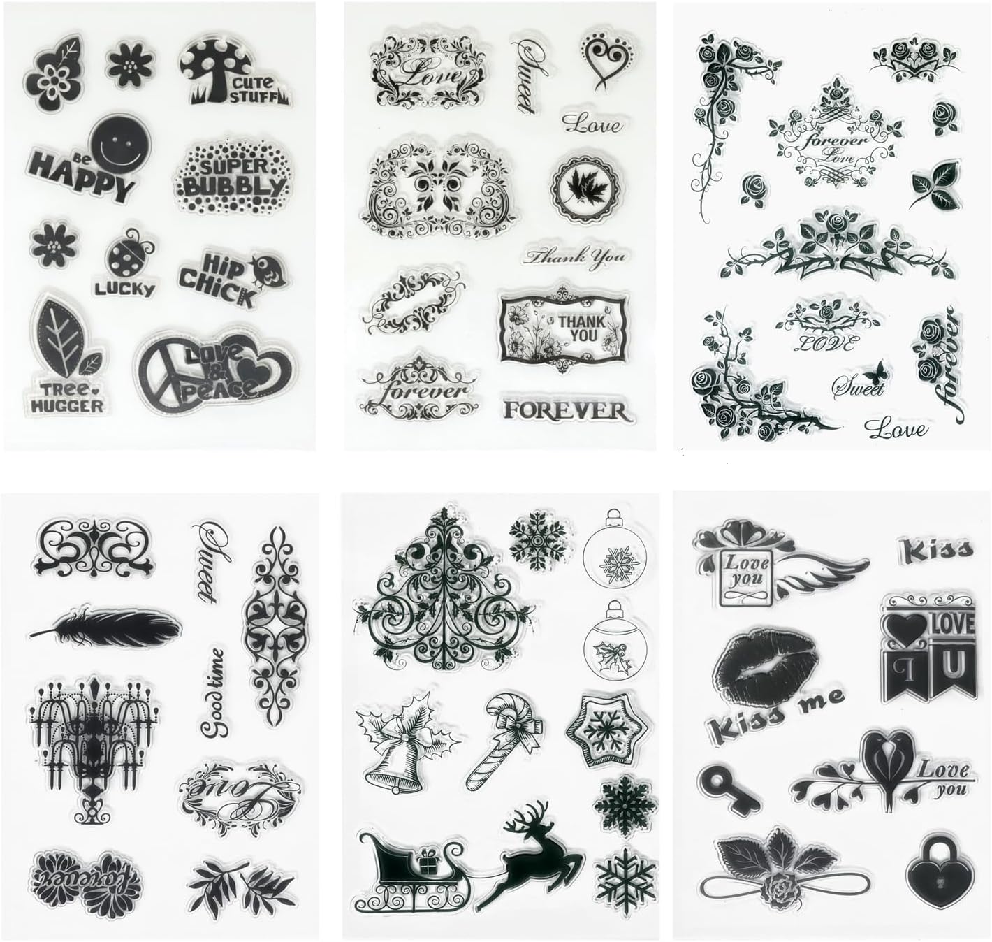 Honbay 6 Sheets of Different Themed Silicone Clear Stamps, Friendly Phrases Pretty Patterns, for Card Making Decoration and Scrapbooking