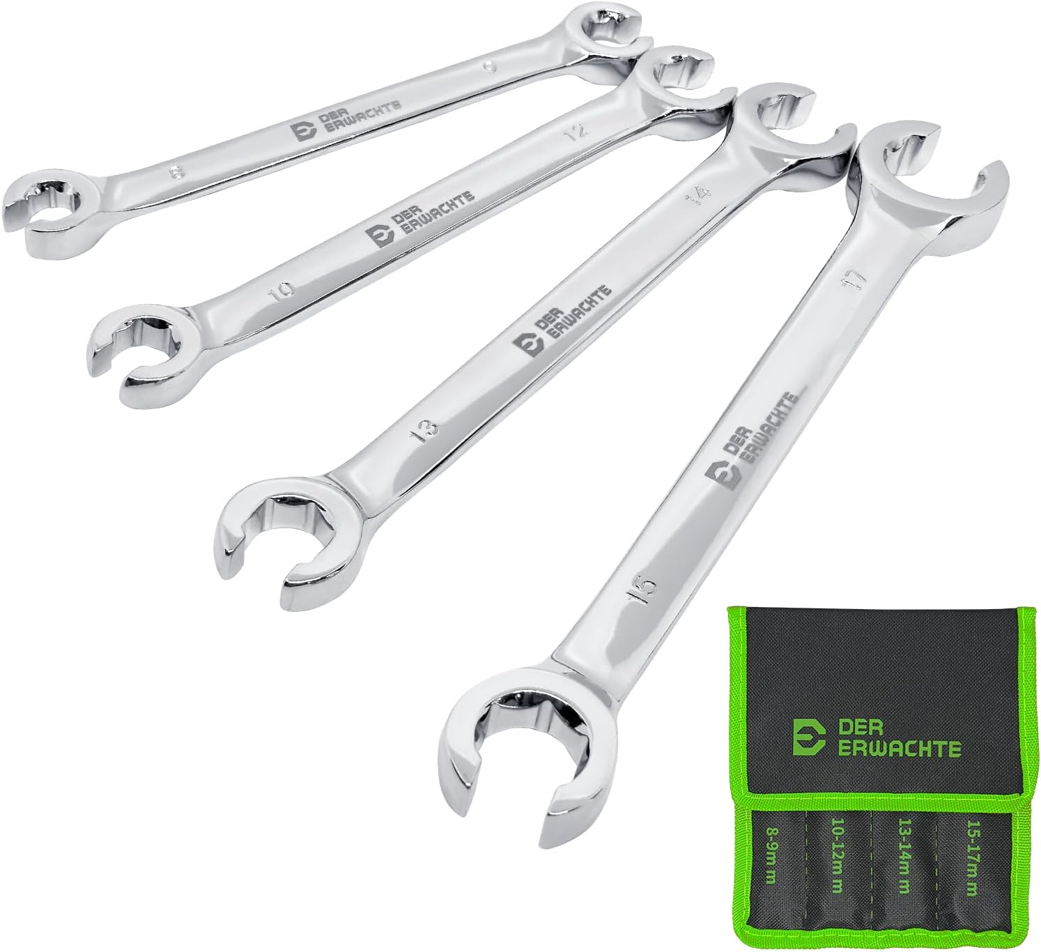 Der Erwachte 4-Piece Flare Nut Wrench Set - SAE Brake Line Wrench 1/4, 5/16, 3/8, 7/16, 1/2, 9/16, 5/8, 11/16-inch, Professional Offset Heads, Portable Organizer Pouch Included
