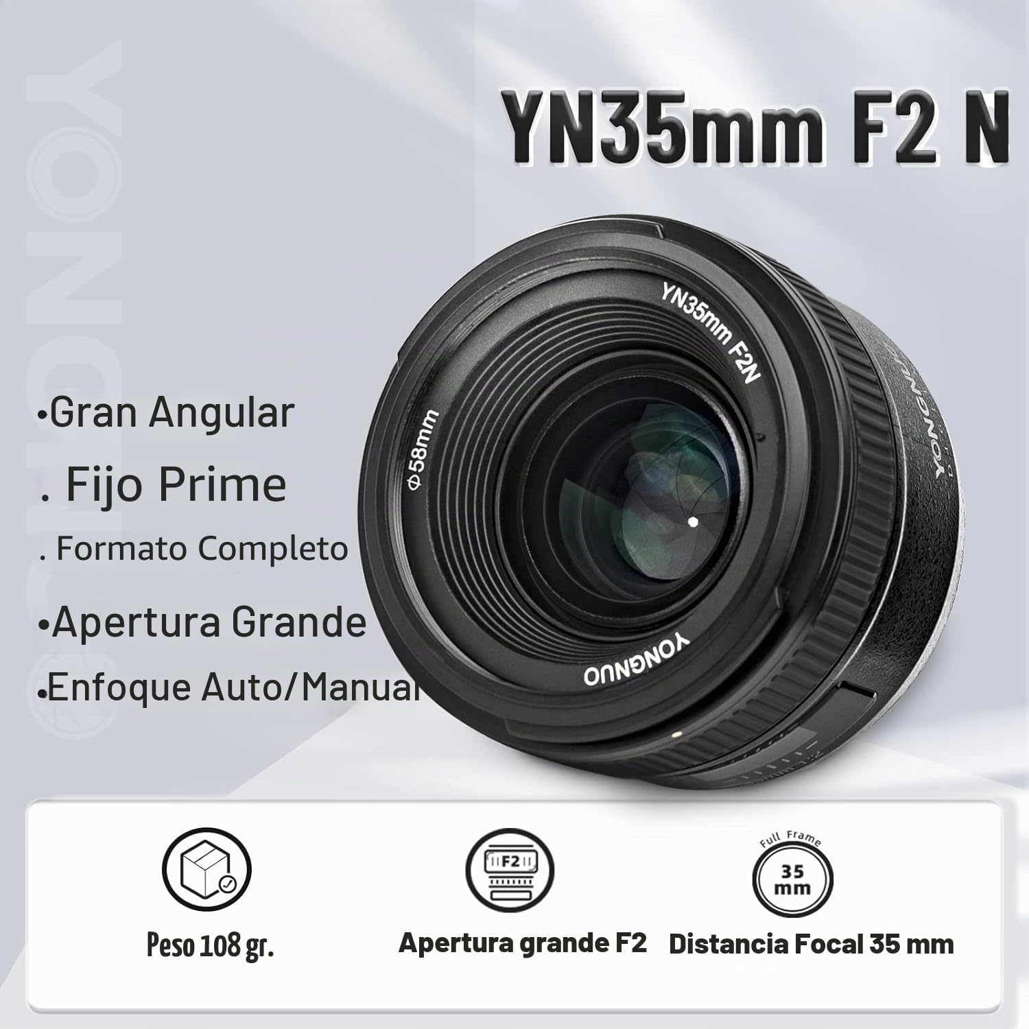 Objetivo Yongnuo YN-35mm F/2 para cámaras DSLR Nikon - Auto Enfoque AF/MF Blanco