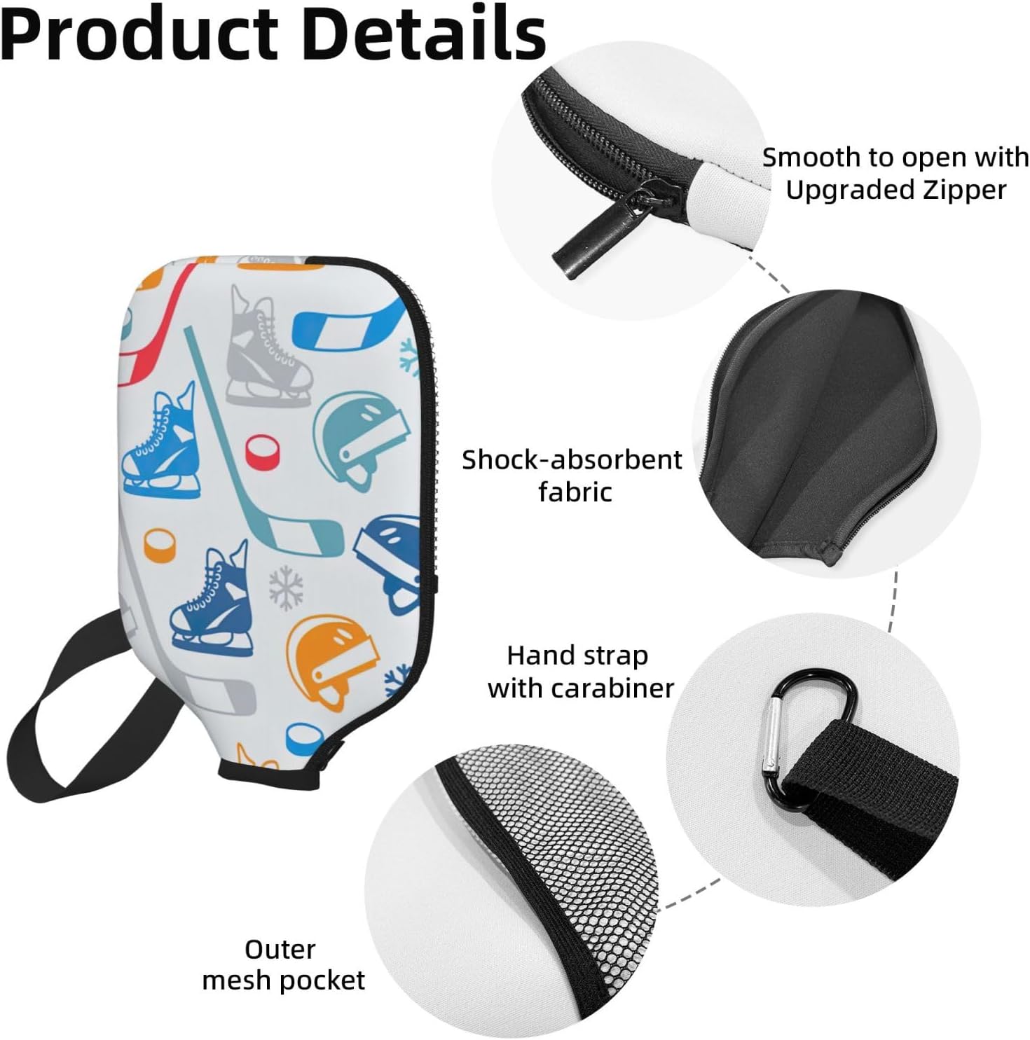 Hockey Elements Creative Patterned Print Neoprene Pickleball Paddle Cover, Pickleball Accessory Gift For Protects Pickle Ball Rackets image 3
