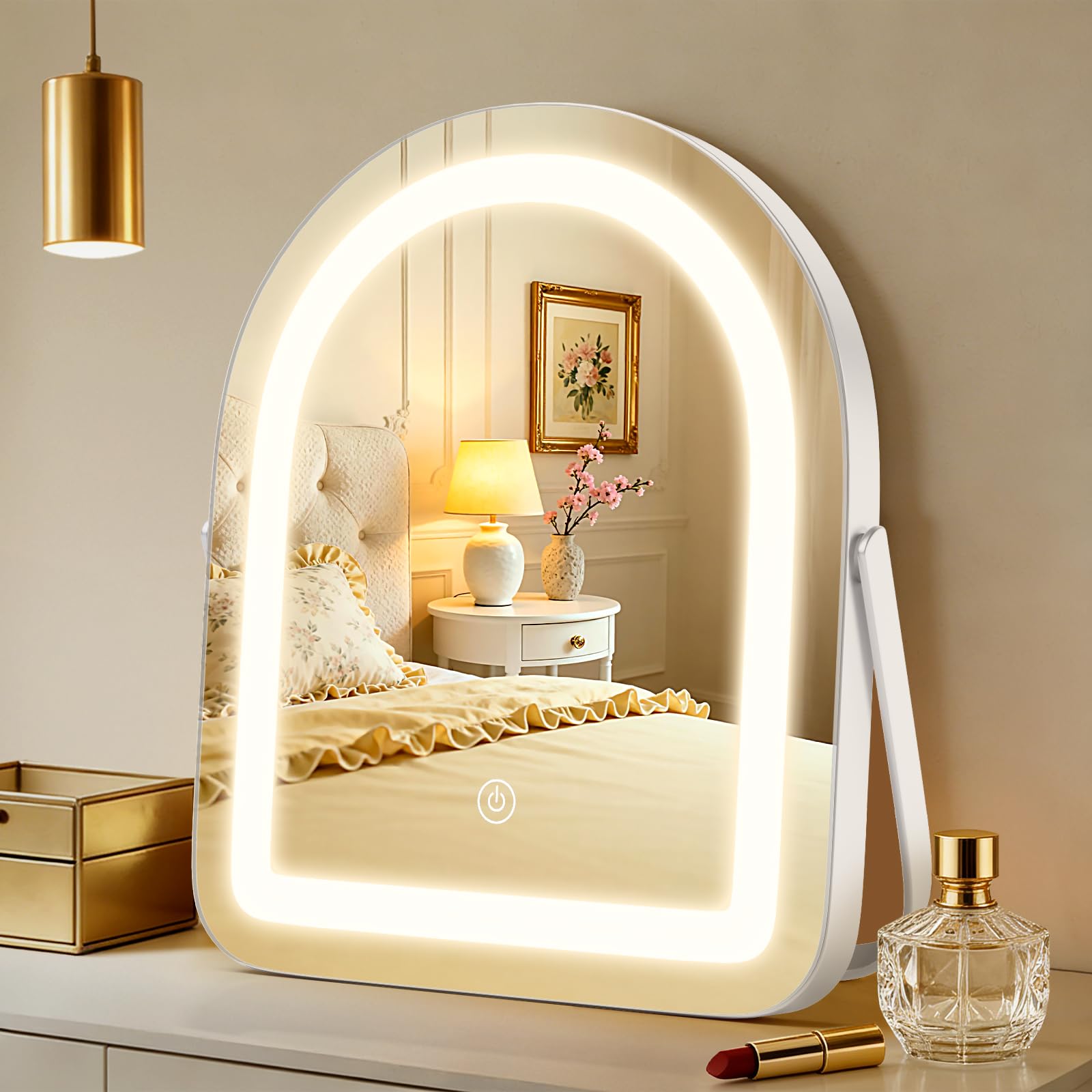 Tuocal Hollywood Vanity Mirror with Lights, 30x25cm Arched Lighted Makeup Mirror with Dimmable 3 Modes, Smart Touch Control, Detachable 10X Magnification, 360° Rotation Dressing Table Mirror White — image 1