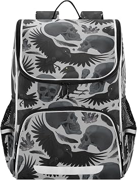 Backpack Gothic Crows Skulls Gothic School Backpack Travel Hiking Large Capacity Causal Daypack Bookbag Laptop Schoolbag with Reflective Tape for Boys Girls Adults