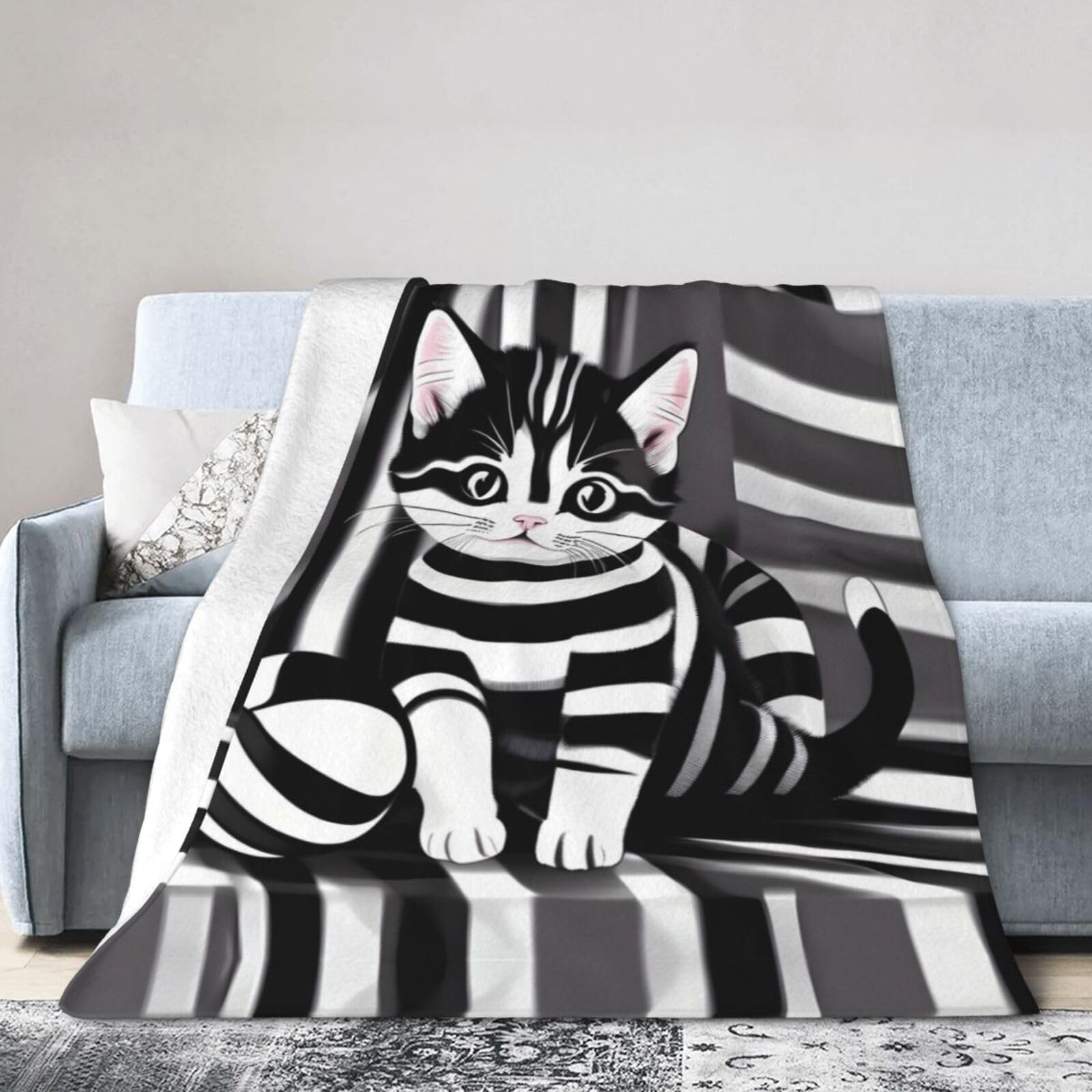 Black and White Striped Kitten 60"x50" Fleece Blanket, Full Size, Super Soft, Suitable for Bed, Sofa, Camping, All Seasons