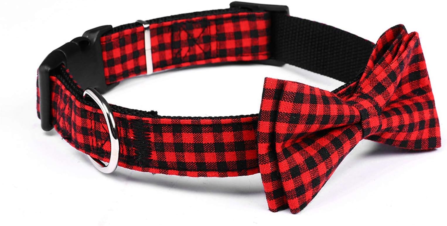 onehous Dog Collar, Red and Black Plaid Bow tie Collar, Cotton Dog Collar with Bowtie, Durable Adjustable and Comfortable Bowtie Collar for Small Medium Large Dogs and Cats, M
