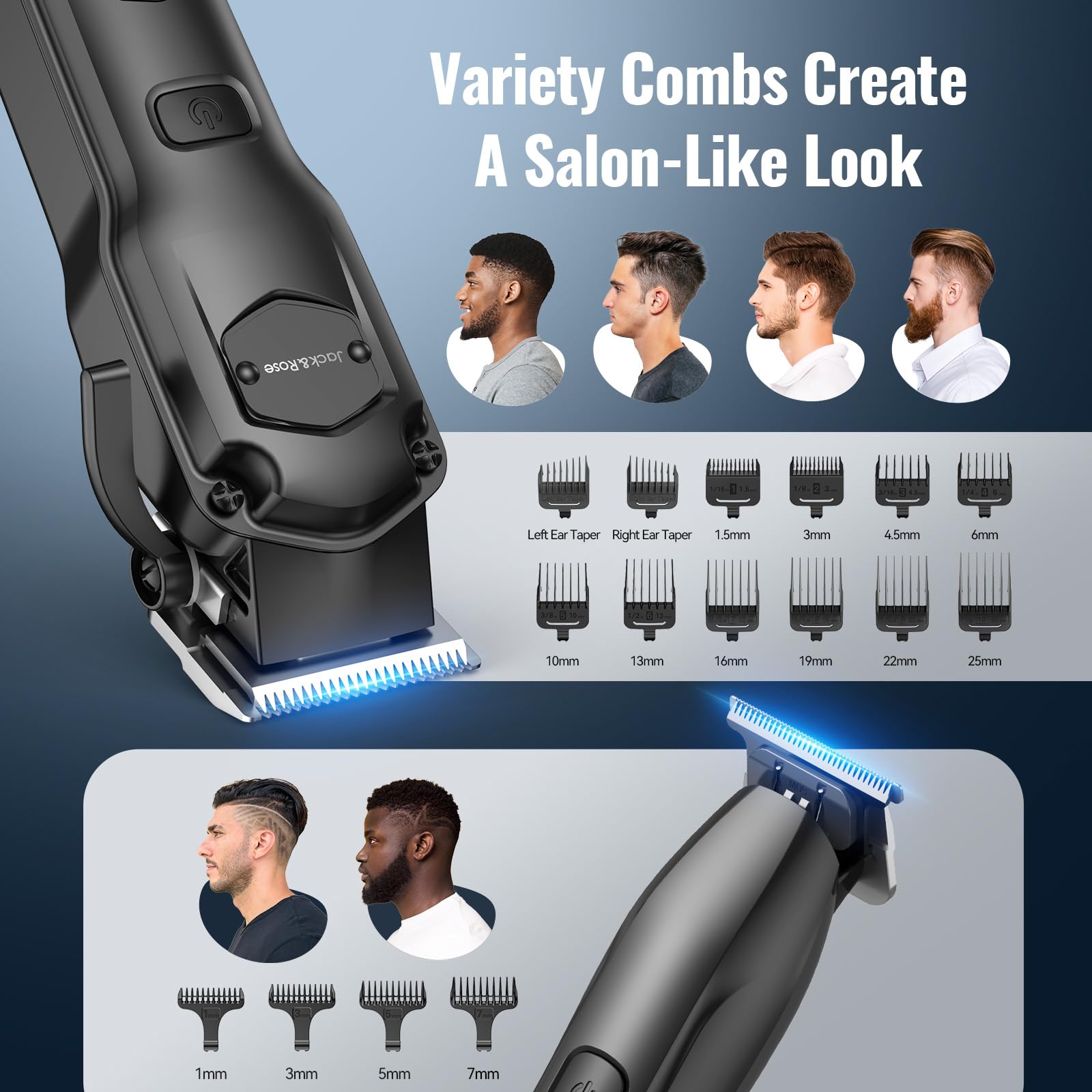Jack & Rose Tondeuse à cheveux professionnelle sans fil pour homme, rasoirs électriques, kit de barbier, 4 en 1, affichage LED, pour nez, corps, tête chauve