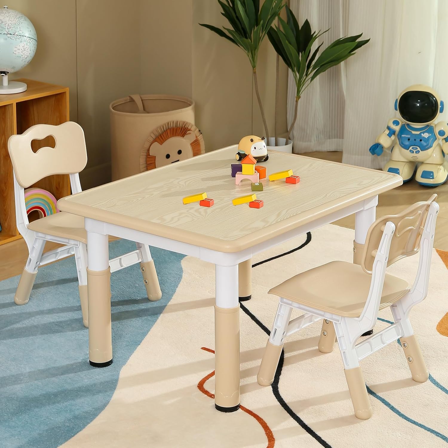 Kids Table and 2 Chair Set, Toddler Table and Chair Set Height Adjustable, 31.5''L x 23.6''W Multifunctional Toddler Table for Reading, Drawing, Eating, for Girls & Boys Age 2-10, Burlywood