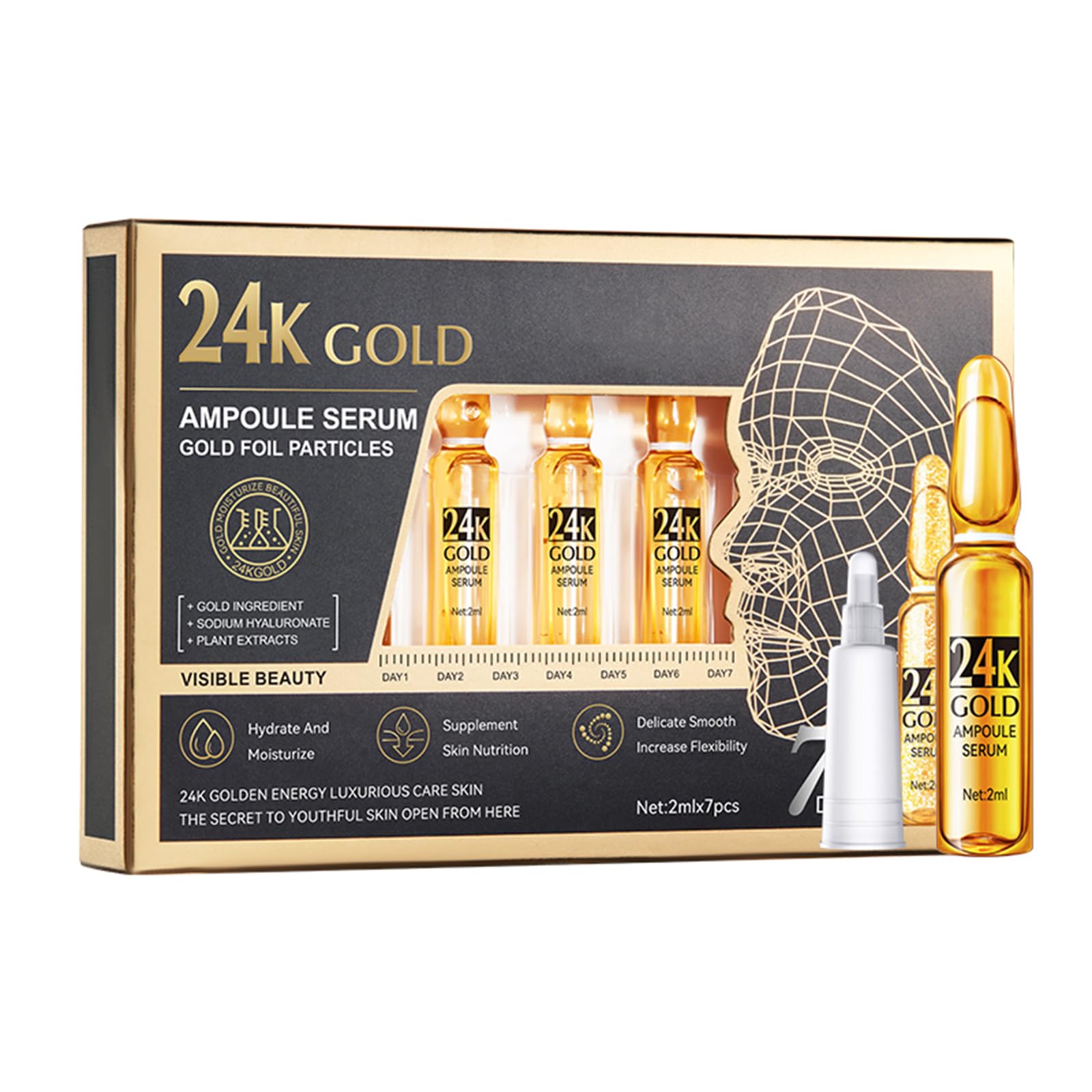 24K Gold Ampoule Serum, 7 Pcs Niacinamide Concentrated Face Serum For Women & Men, Deeply Moisturize, Anti Ageing Smooth Wrinkle, Skincare All Skin Types, 7X2Ml
