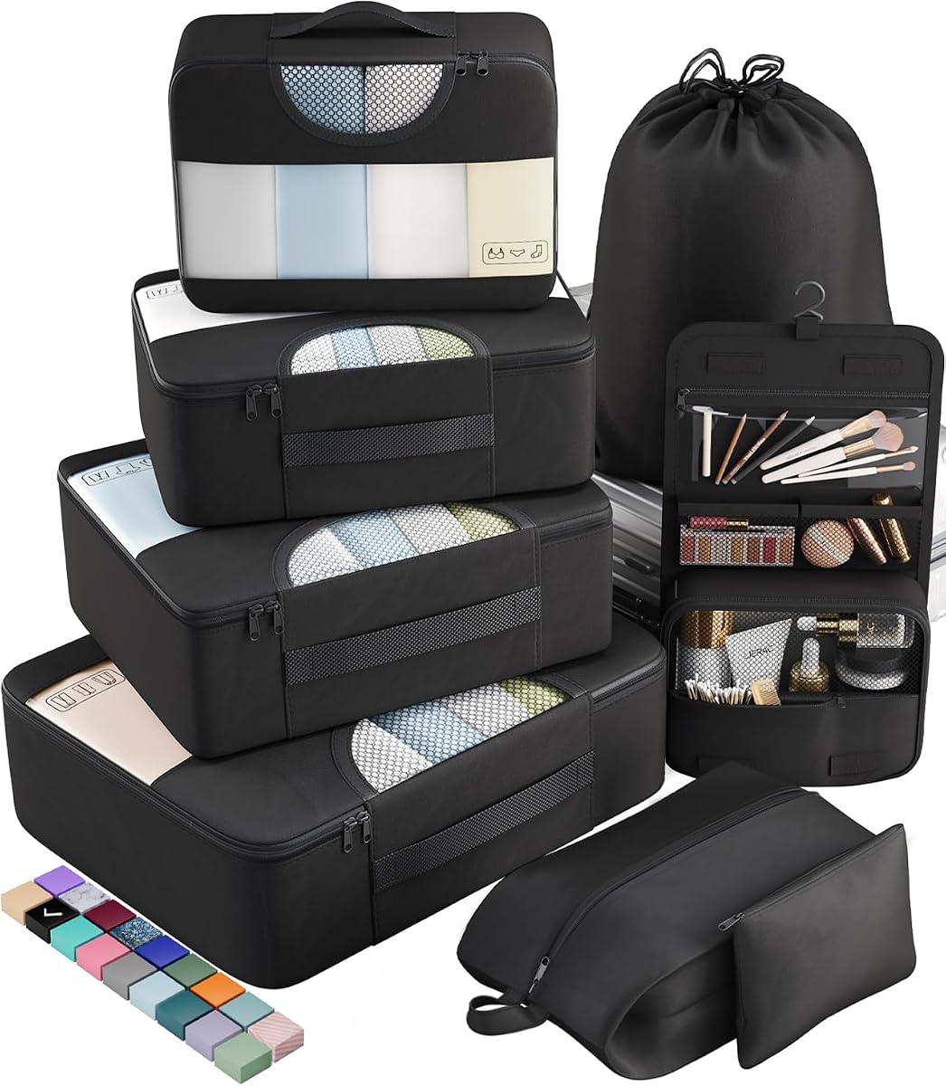 Veken 8 Set Packing Cubes for Travel Essentials, Suitcase Organizer Bags in 4 Sizes, Carry-On Luggage Accessories with Large Laundry & Hanging Toiletry Bag, Must-Have for Airplane, Road Trip & Camping