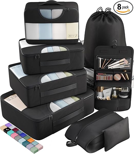 Veken 8 Set Packing Cubes for Travel Essentials, Suitcase Organizer Bags in 4 Sizes, Carry-On Luggage Accessories with Large Laundry & Hanging Toiletry Bag, Must-Have for Airplane, Road Trip & Camping