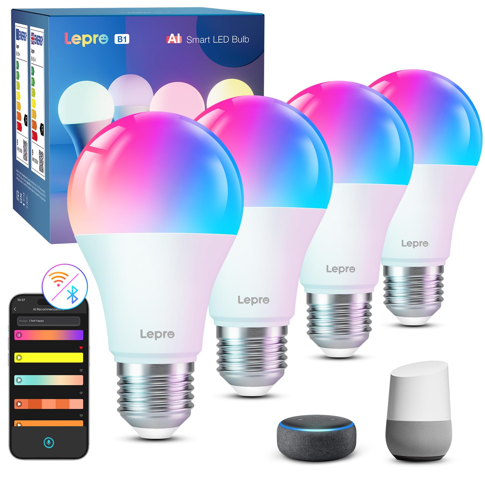 Lepro Lepro B1 IA Ampoule Connectée Wifi E27, Ampoule LED E27 Multicouleurs RGBCCT Compatible avec Alexa, Reconnaissance des Emotions et Commandes Vocales,Lot de 4