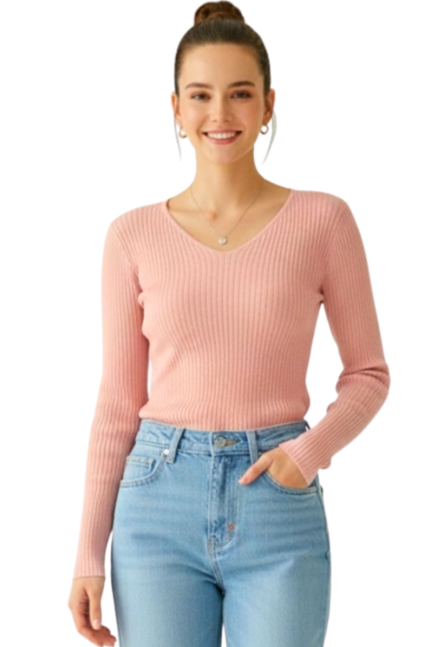 unifringe Women’s Ribbed V-Neck Top | Full Sleeve Stretchable Slim Fit Top for Women | Women's Ribbed Long Sleeve Basic Soft Stretch Crewneck Shirt for Work & Casual (in, Alpha, L, Pink)-picture-13