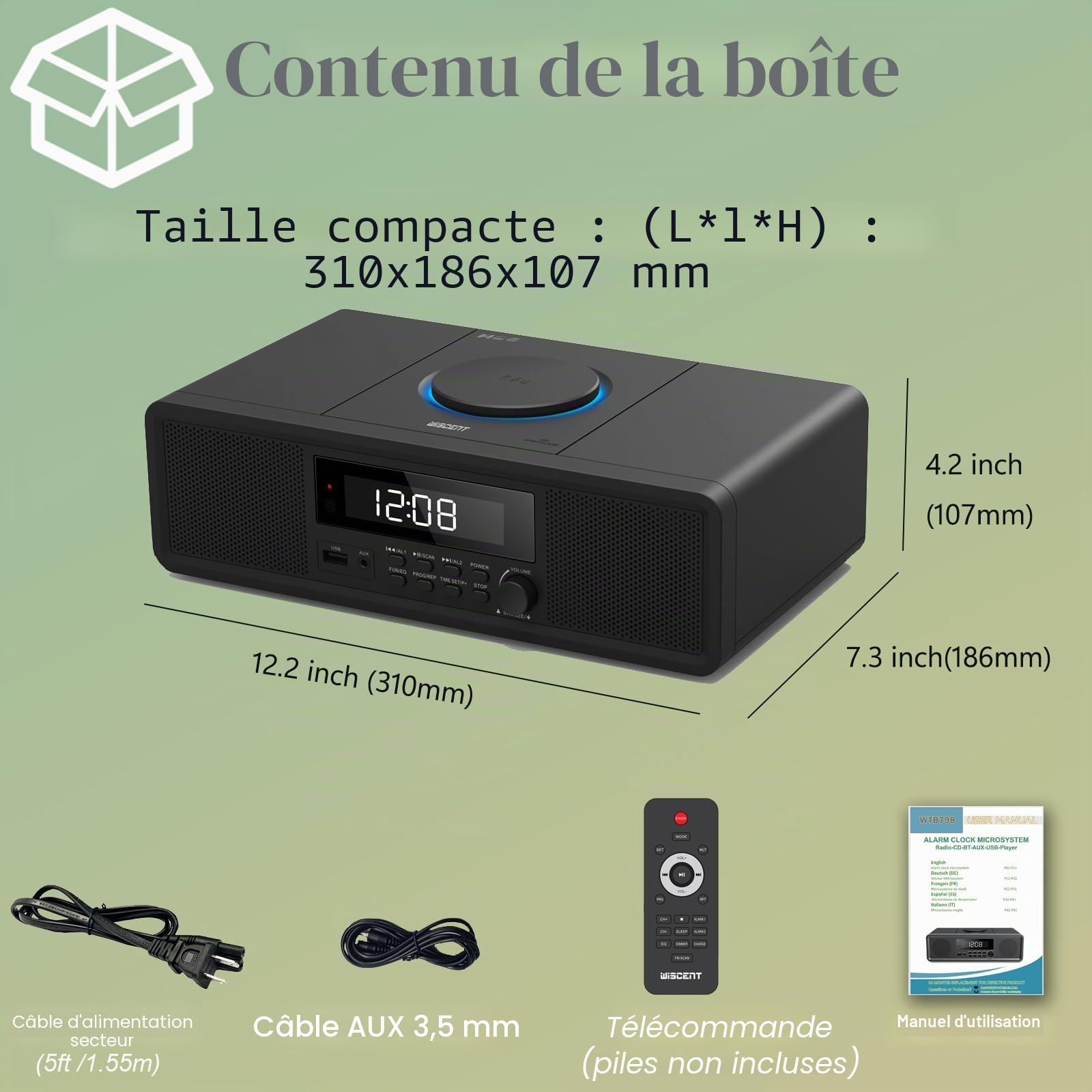 Système stéréo Home CD avec Lecteur CD, Radio FM, Bluetooth, entrée auxiliaire, Port USB, Montre numérique, Radio-réveil Lecteur CD, Micro Chaine Stereo