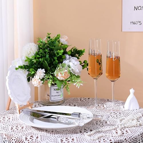 Miniatura 4 de Boao Juego de 4 flautas para tostadas de boda y servidor de tartas, suministros de recepción de boda, copas de champán, cuchillo para tartas,