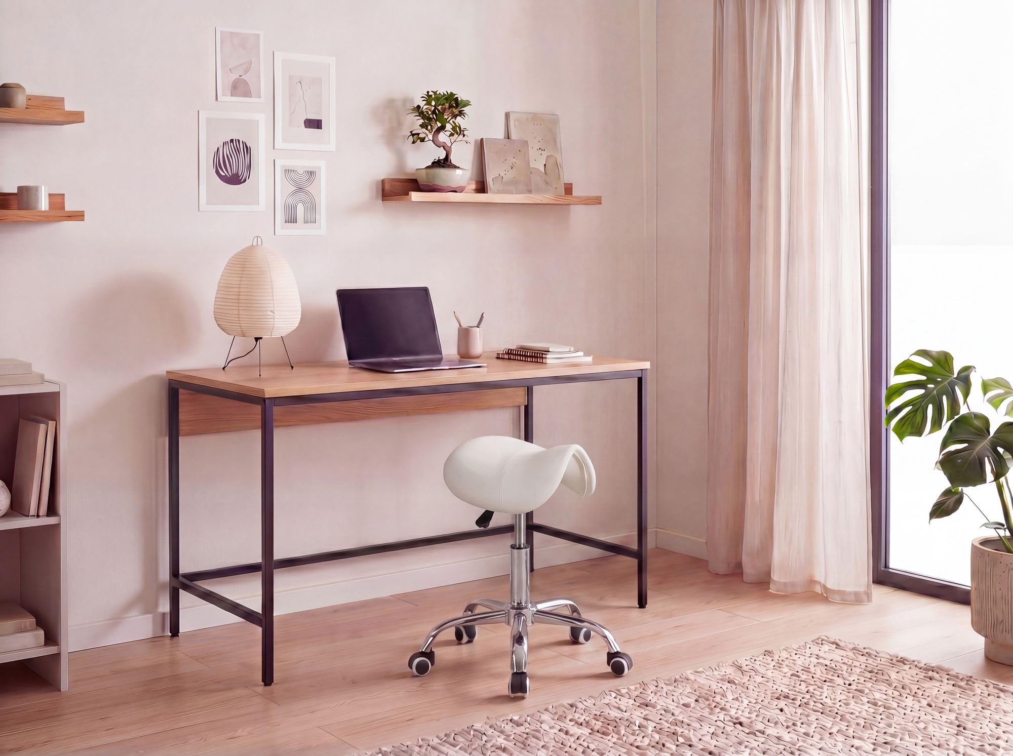 FineBuy Taburete de Silla de Montar con Ruedas de Imitación de Cuero Blanco | Taburete de Trabajo sin Respaldo | Taburete tapizado Ajustable en Altura