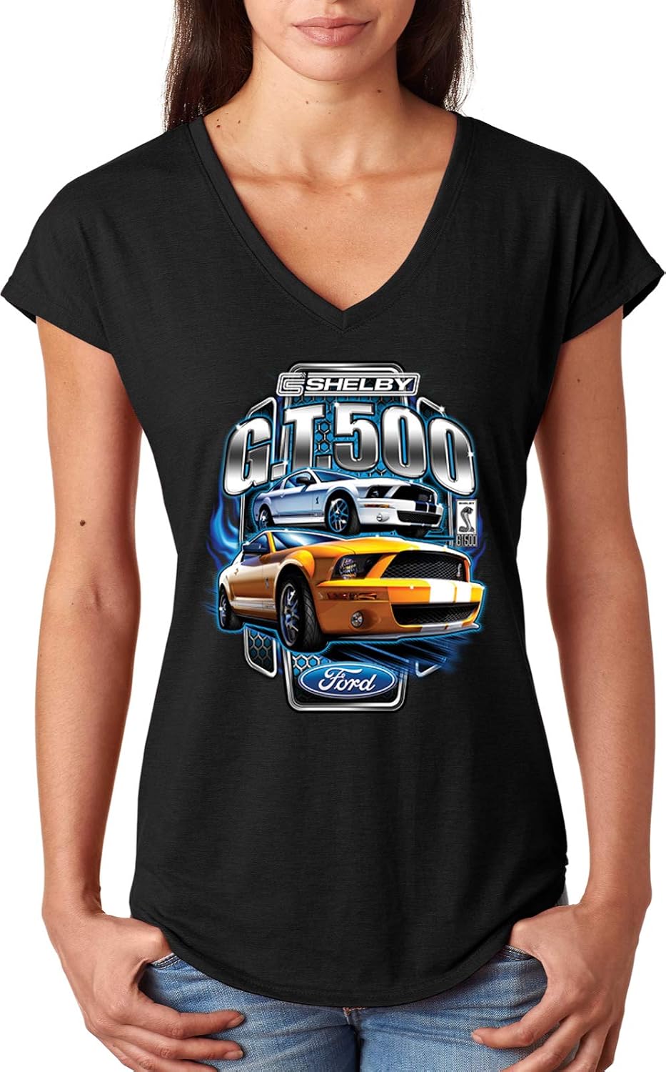 Ladies Ford Mustang Tee Shelby Yellow and White GT500 Triblend V-Neck