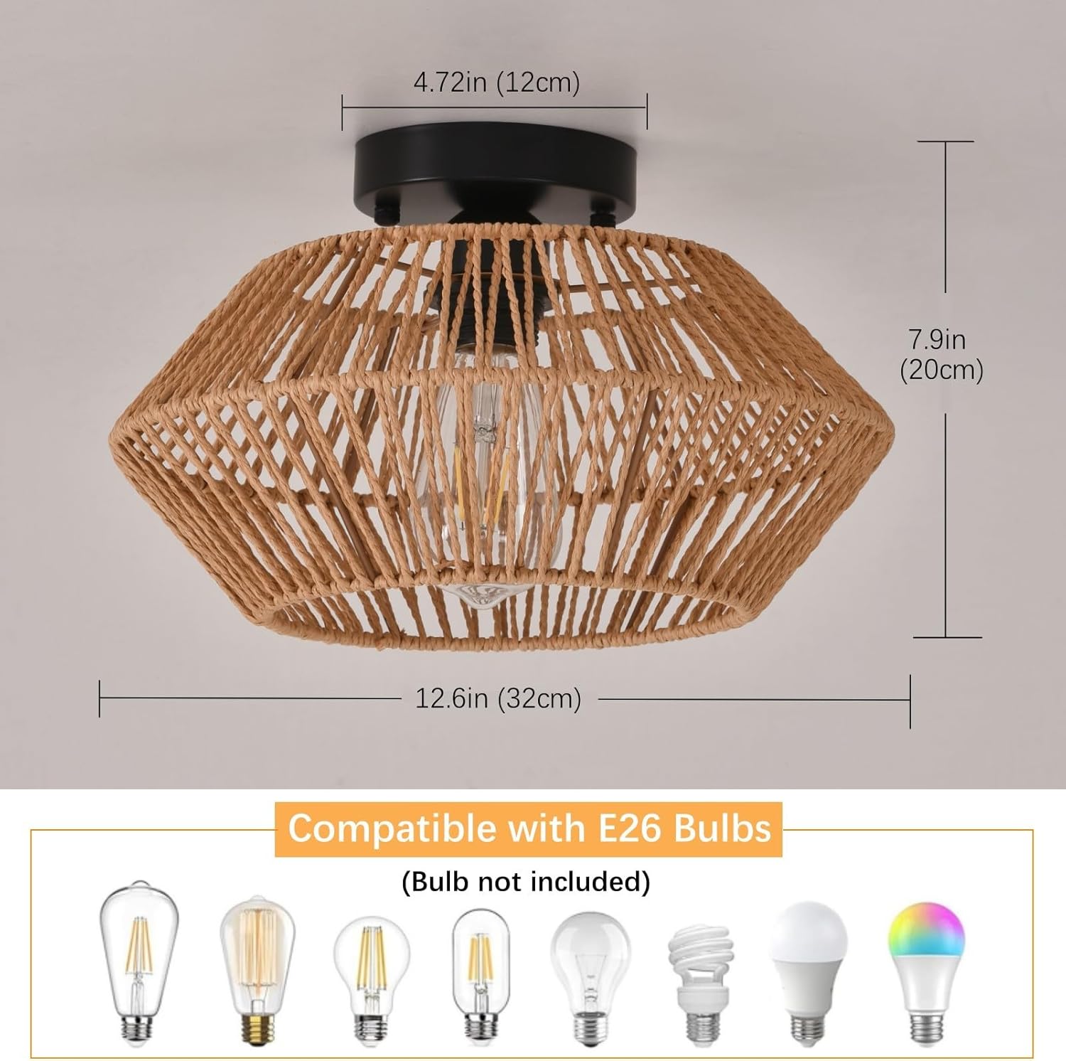 Rattan Ceiling Light, Boho Semi Flush Mount Ceiling Lighting Fixtures Hand-Woven Hemp Rope Cage Rustic Ceiling Lamp for Bedroom Kitchen Hallway Farmhouse (Brown)