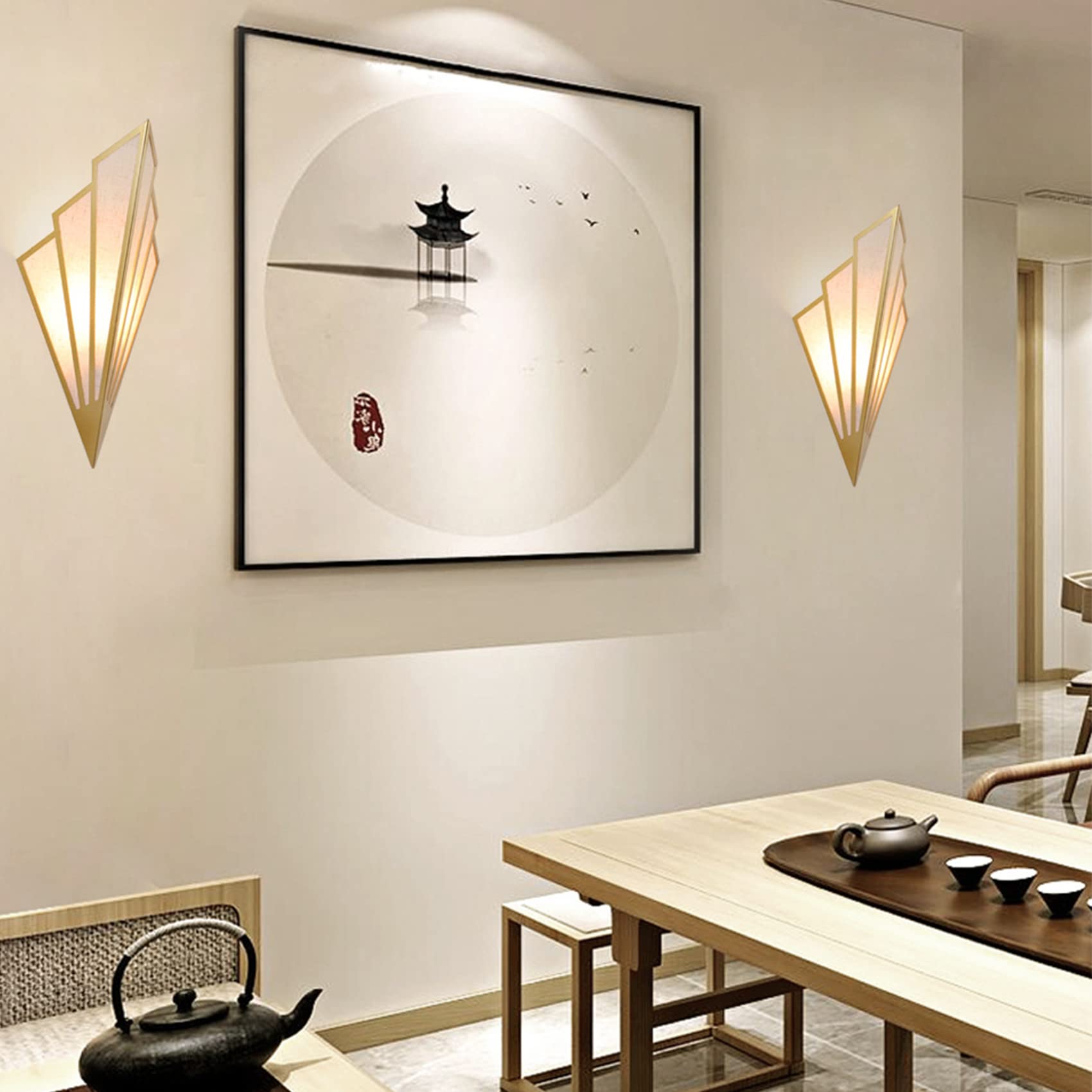 Lampara de Pared Interior Forma Abanico, Aplique Pared Dorado con Portalámparas E14 para Salon, Dormitorio, Mesita de Noche, Pasillo, Escaleras